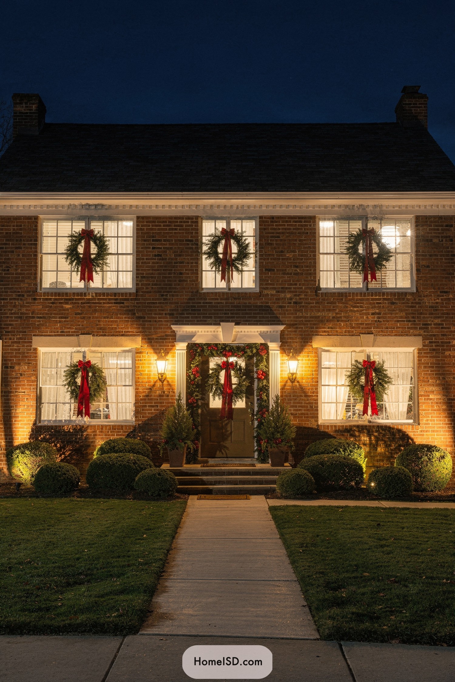 Brick house at night with red ribbon wreaths on every window and door