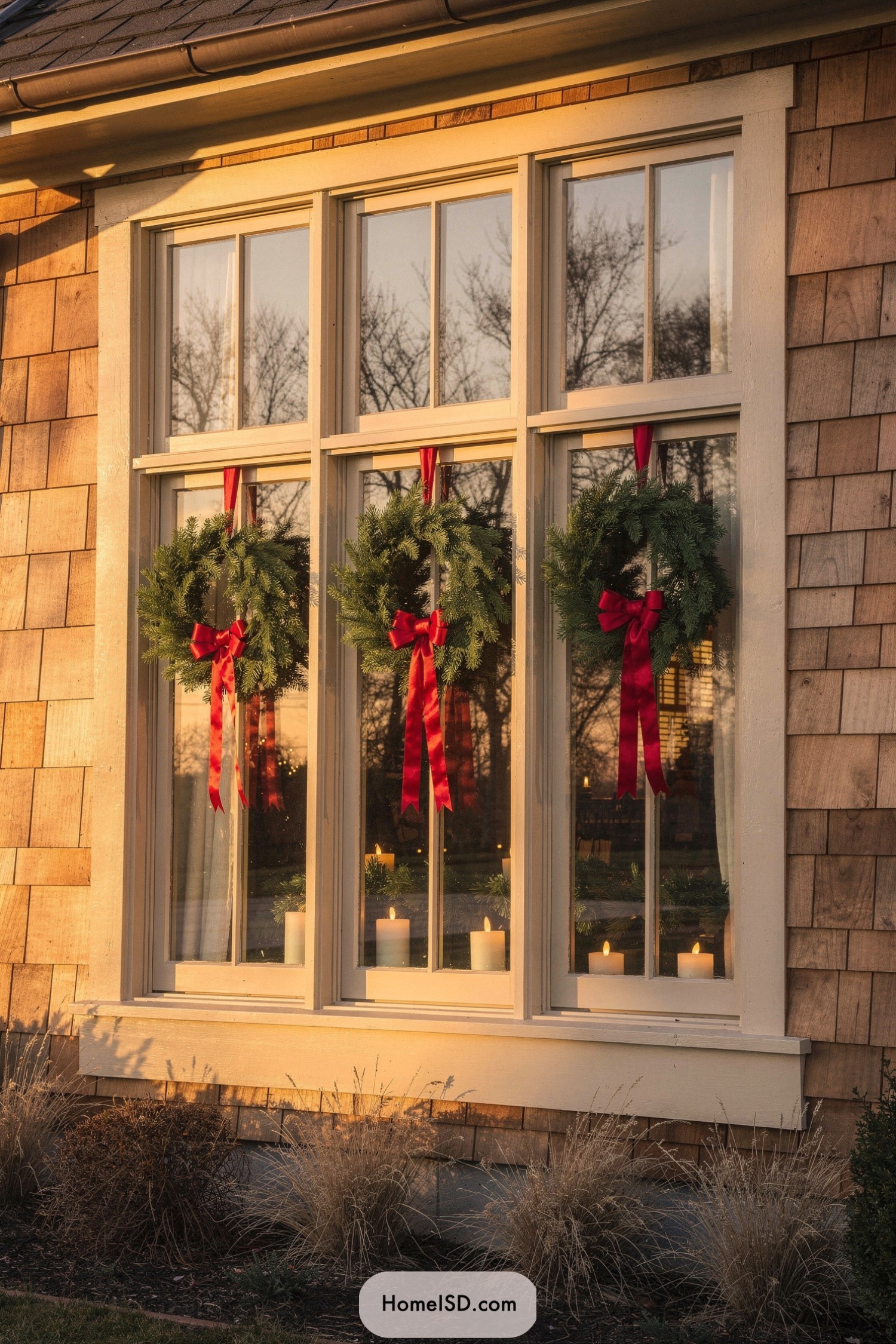 Three red-ribbon evergreen wreaths over candlelit windows