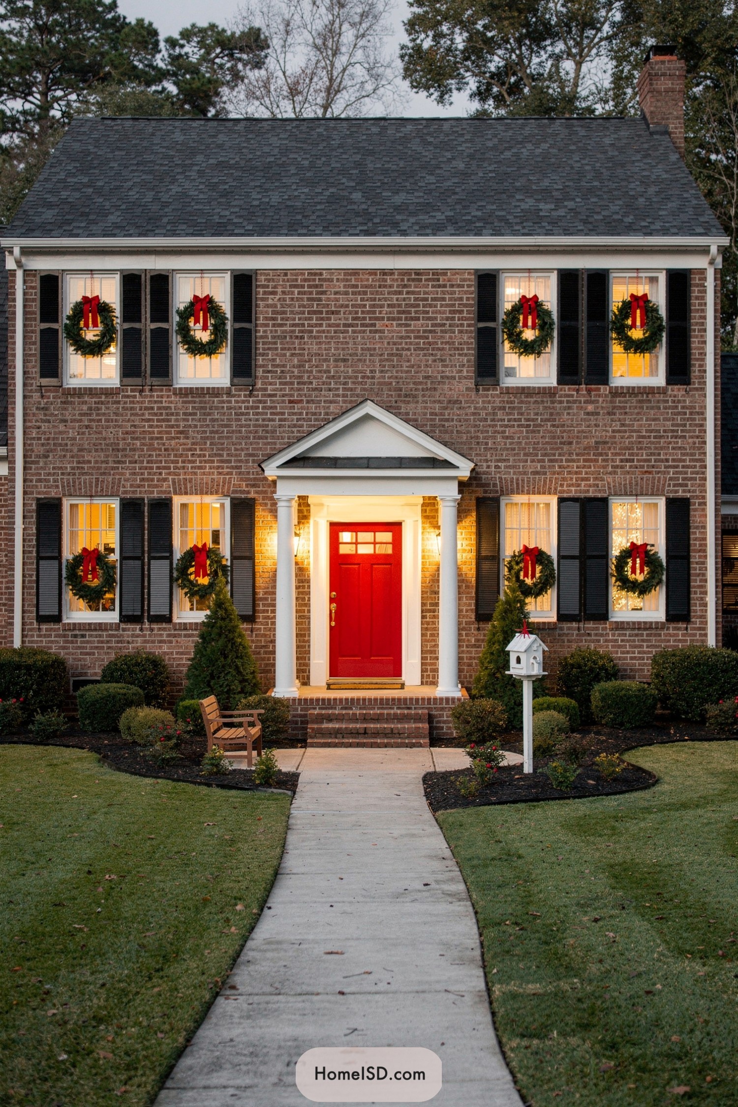 Brick house with red-bowed wreaths on every lit window