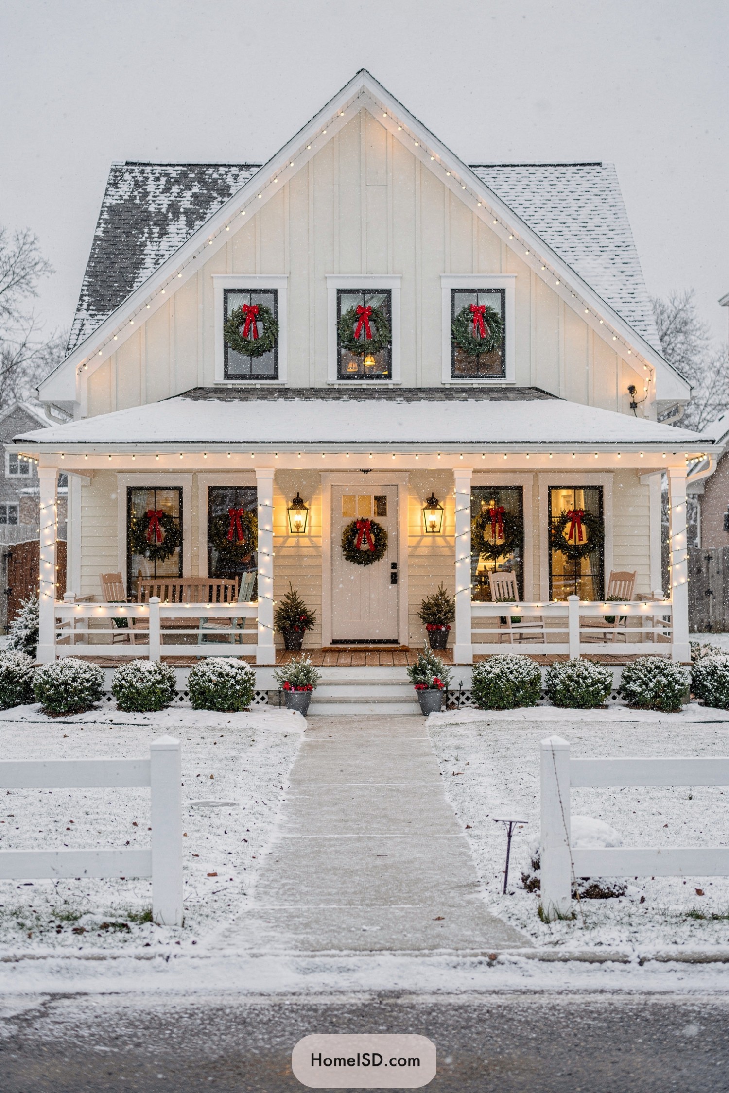 Snowy farmhouse front with lit porch and red-bowed evergreen window wreaths
