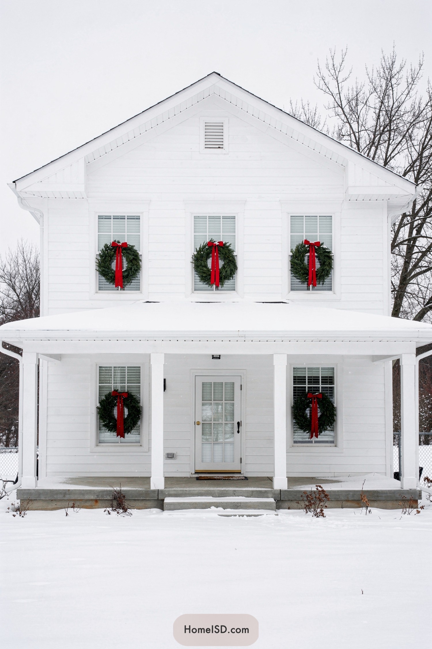 White house with red-bowed window wreaths
