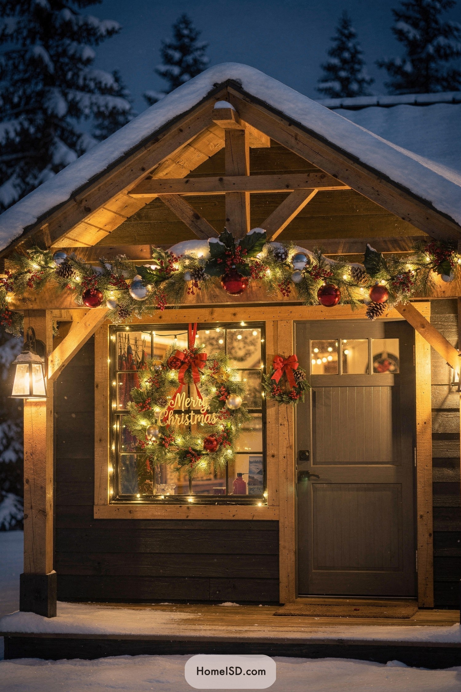 Snowy cabin porch with lit Christmas wreaths