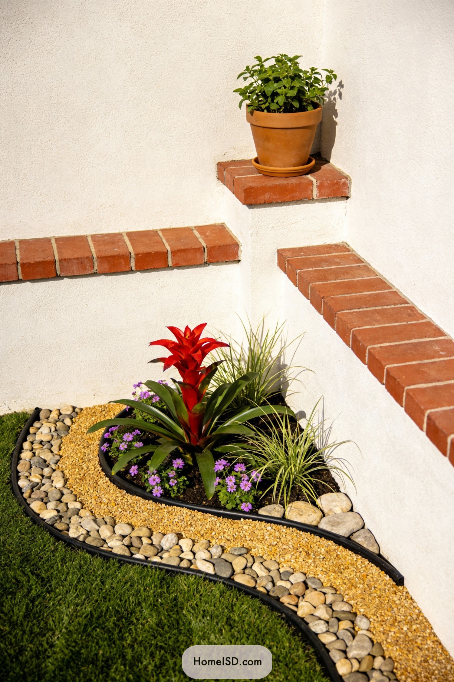 Small curved corner garden with red bromeliad, purple flowers, grasses, and a pebbled border against white stucco walls