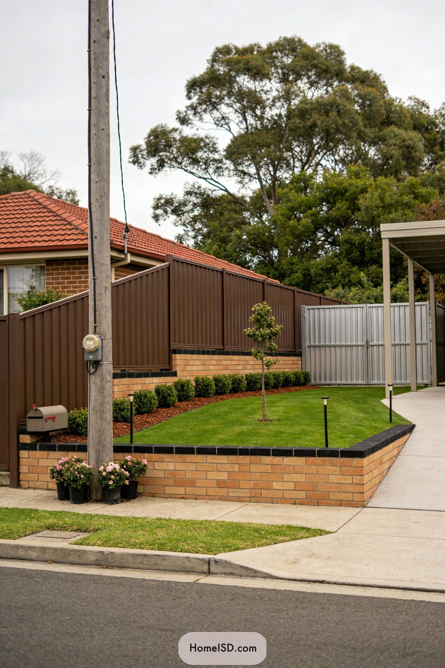 Neatly terraced brick corner yard with lawn and shrubs
