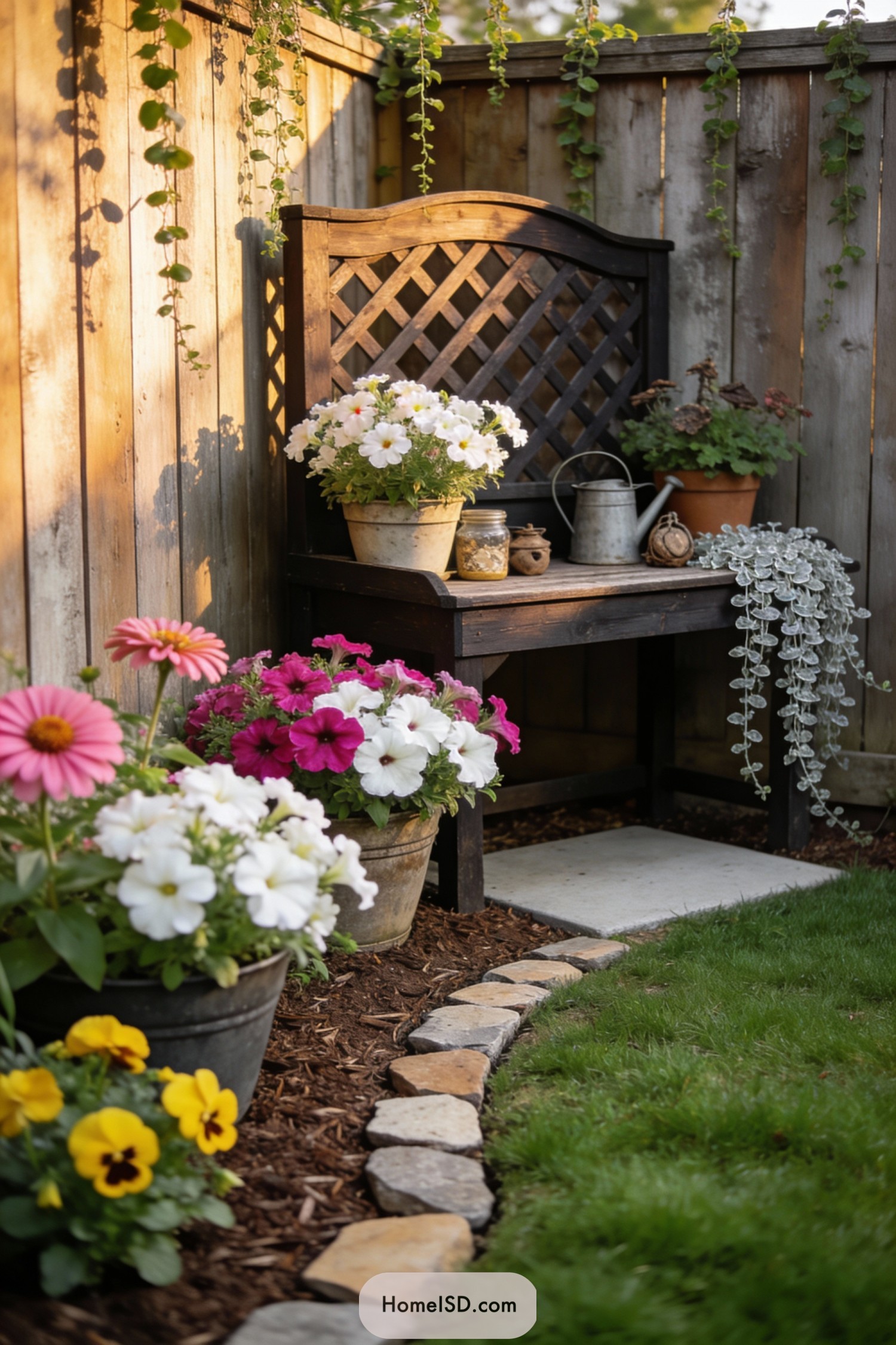 Corner garden with rustic potting bench and colorful potted flowers
