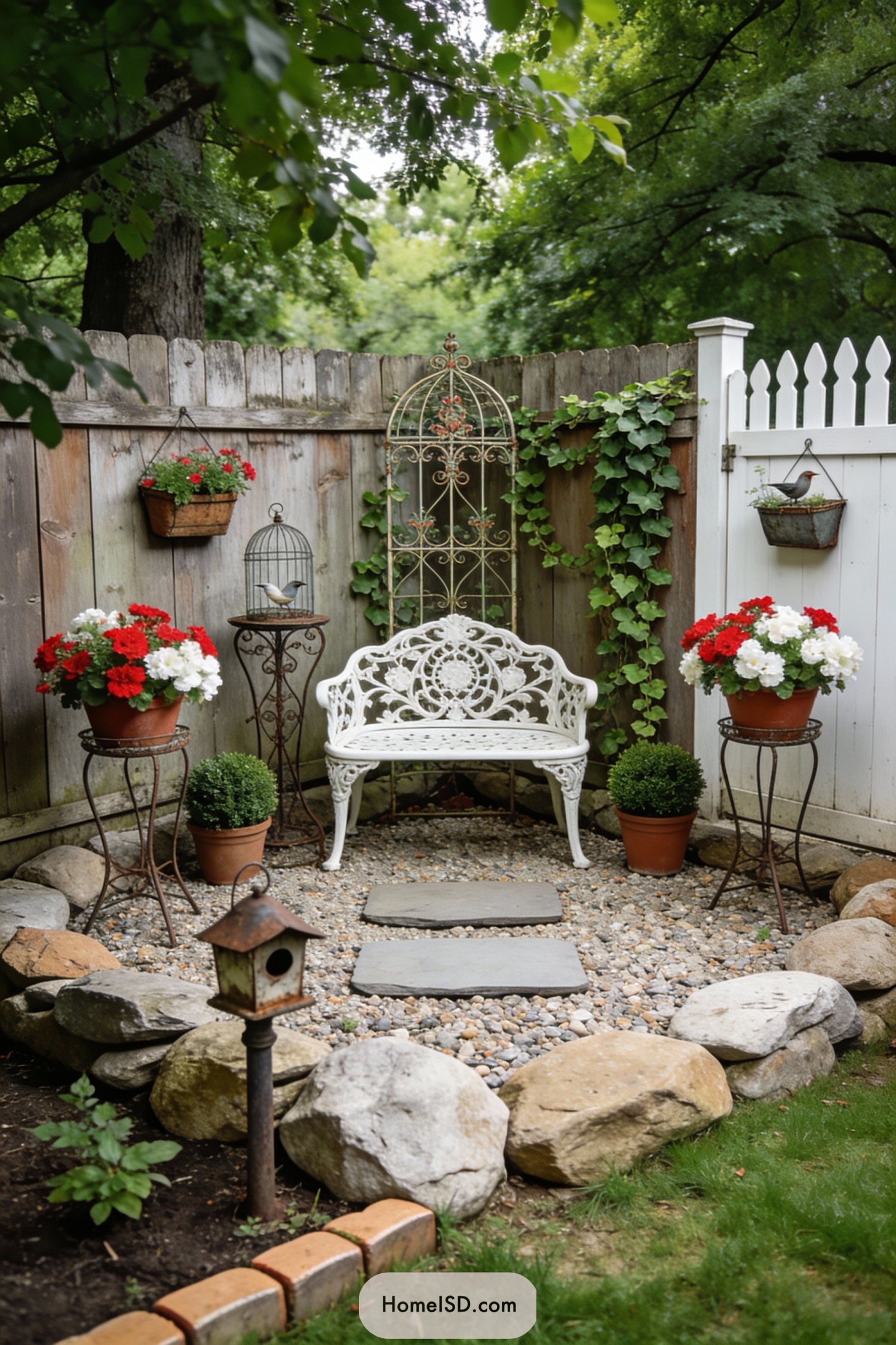 Cozy pebbled corner garden with ornate white bench, potted flowers, and rustic bird accents