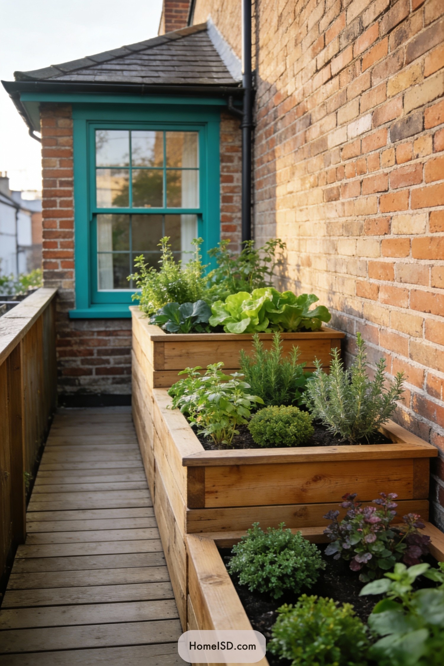 Wooden tiered planters filled with herbs and greens lining a narrow brick-side walkway beneath a teal-trimmed window