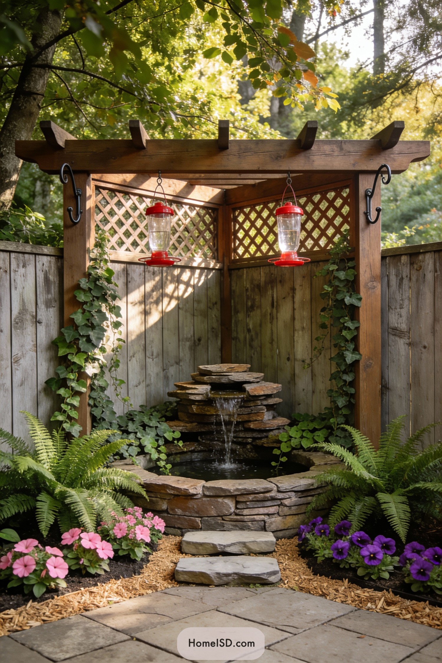 Wooden pergola corner with stone fountain