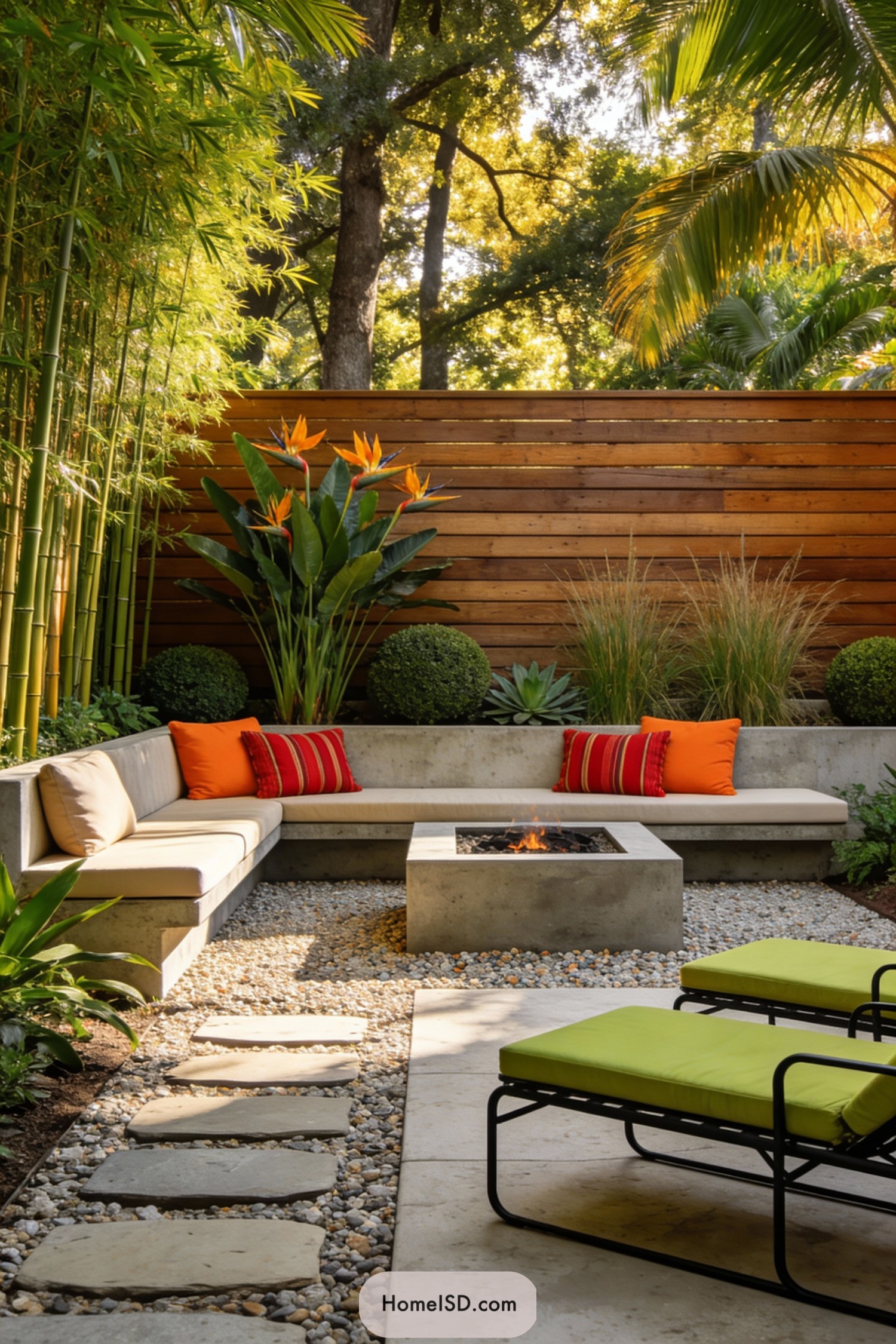 Modern corner patio with concrete seating, fire pit, and lush tropical plants against a wooden privacy fence
