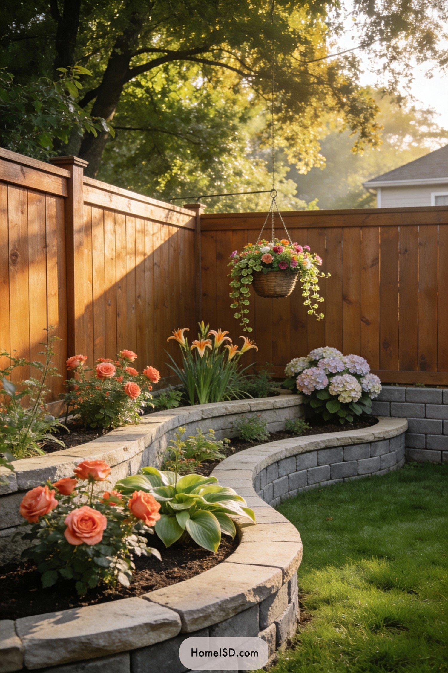 Tiered stone corner garden with colorful flowers