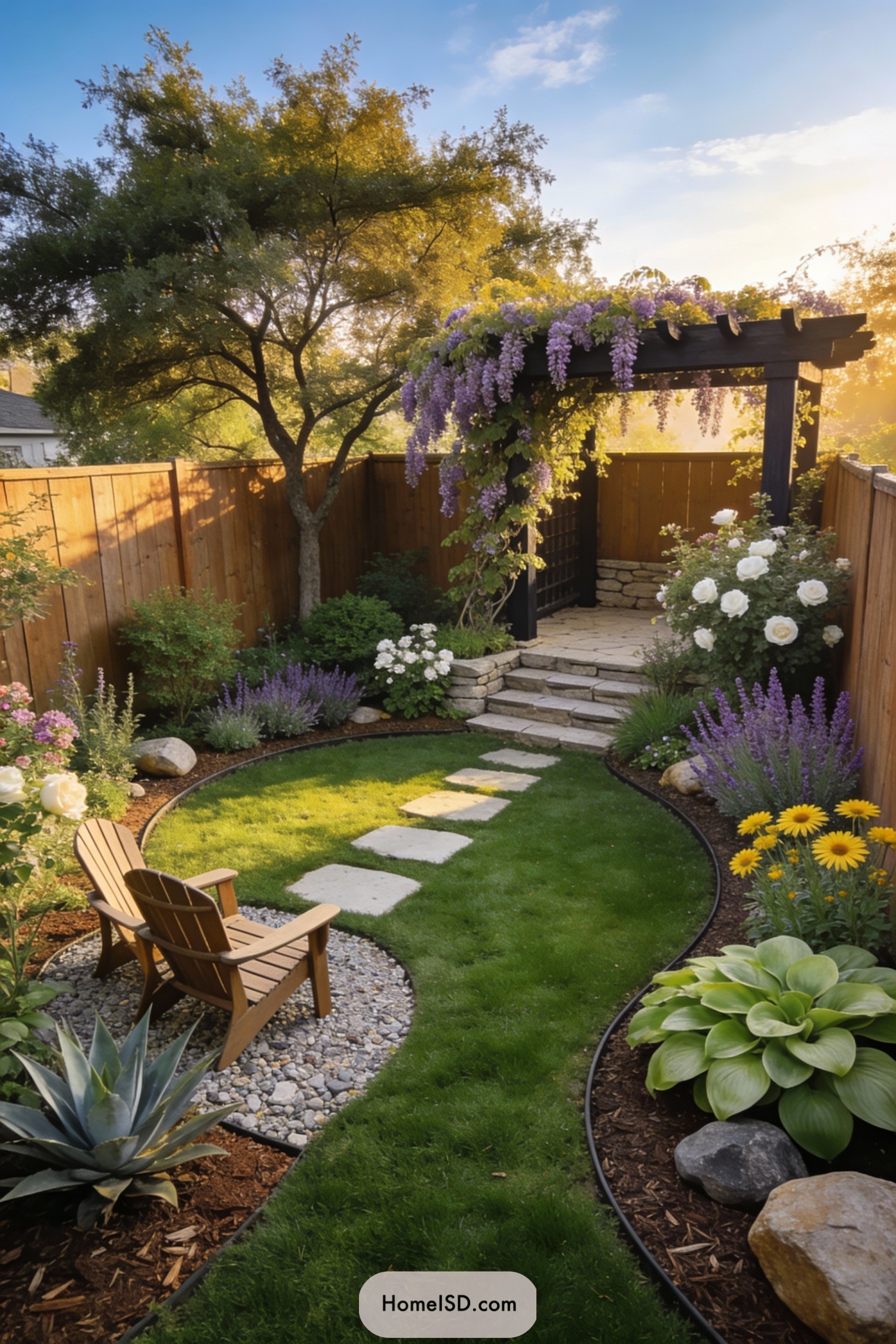 Cozy corner yard with pergola, wisteria, and curved lawn path