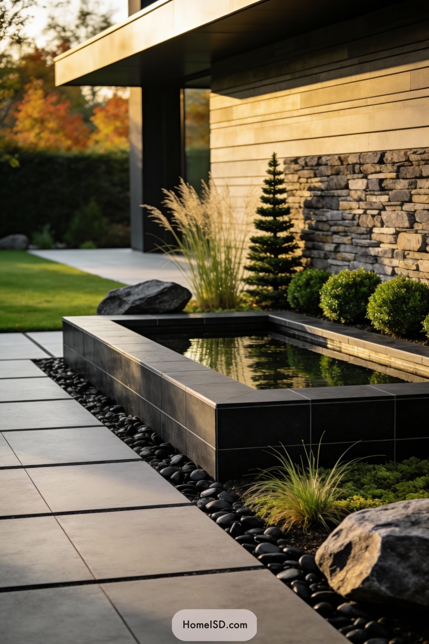 Modern corner yard with black-tiled reflecting pool beside stone wall and minimalist plantings