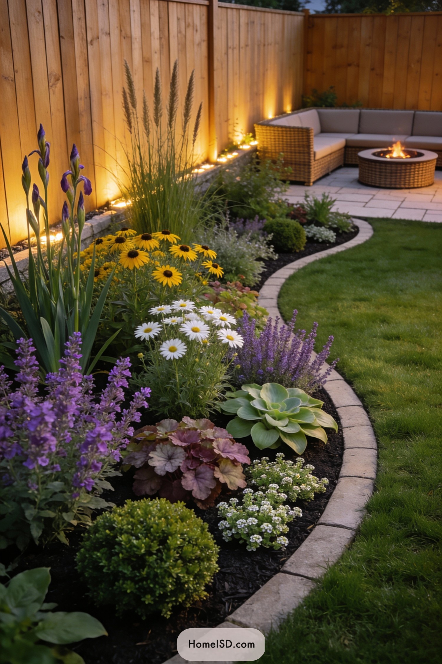 Curved flower bed with colorful blooms beside a lit corner fire pit patio