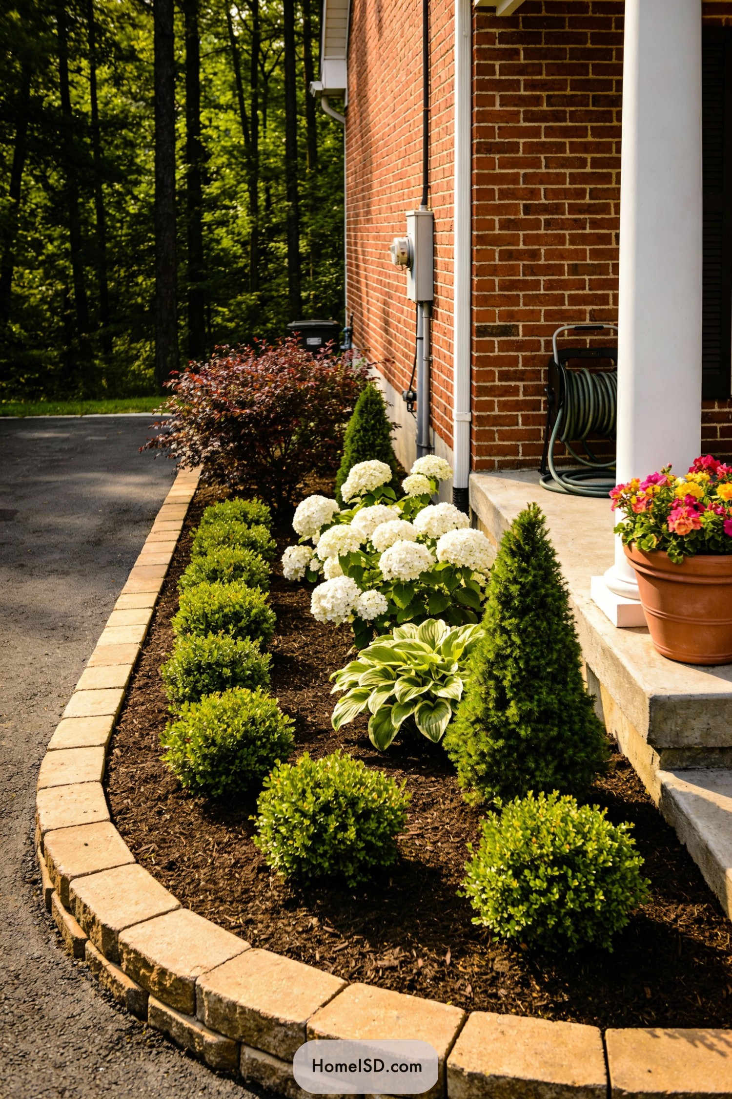 Neatly edged corner garden with boxwoods, hydrangeas, and potted flowers along a brick house