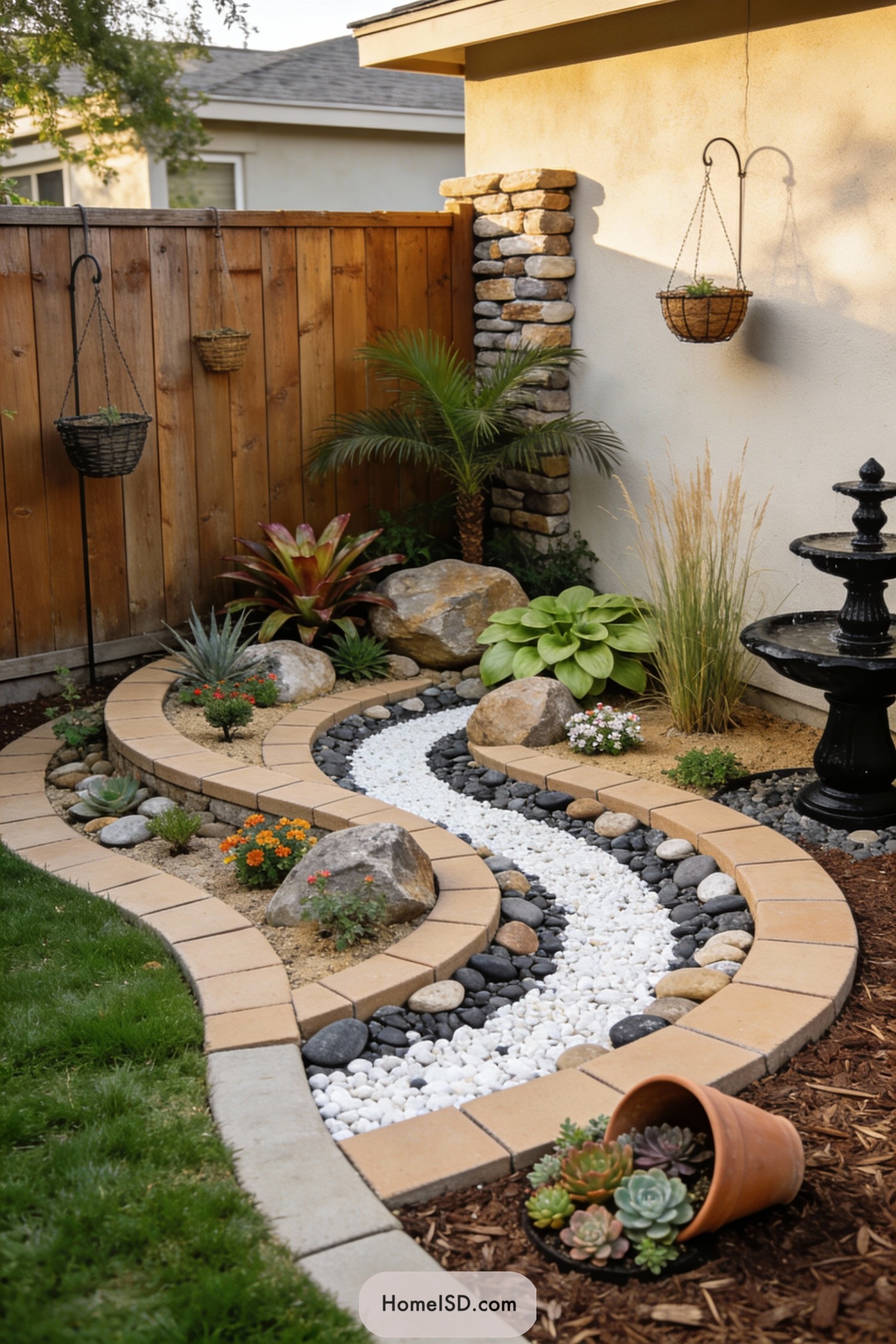 Curved corner garden with pebble stream