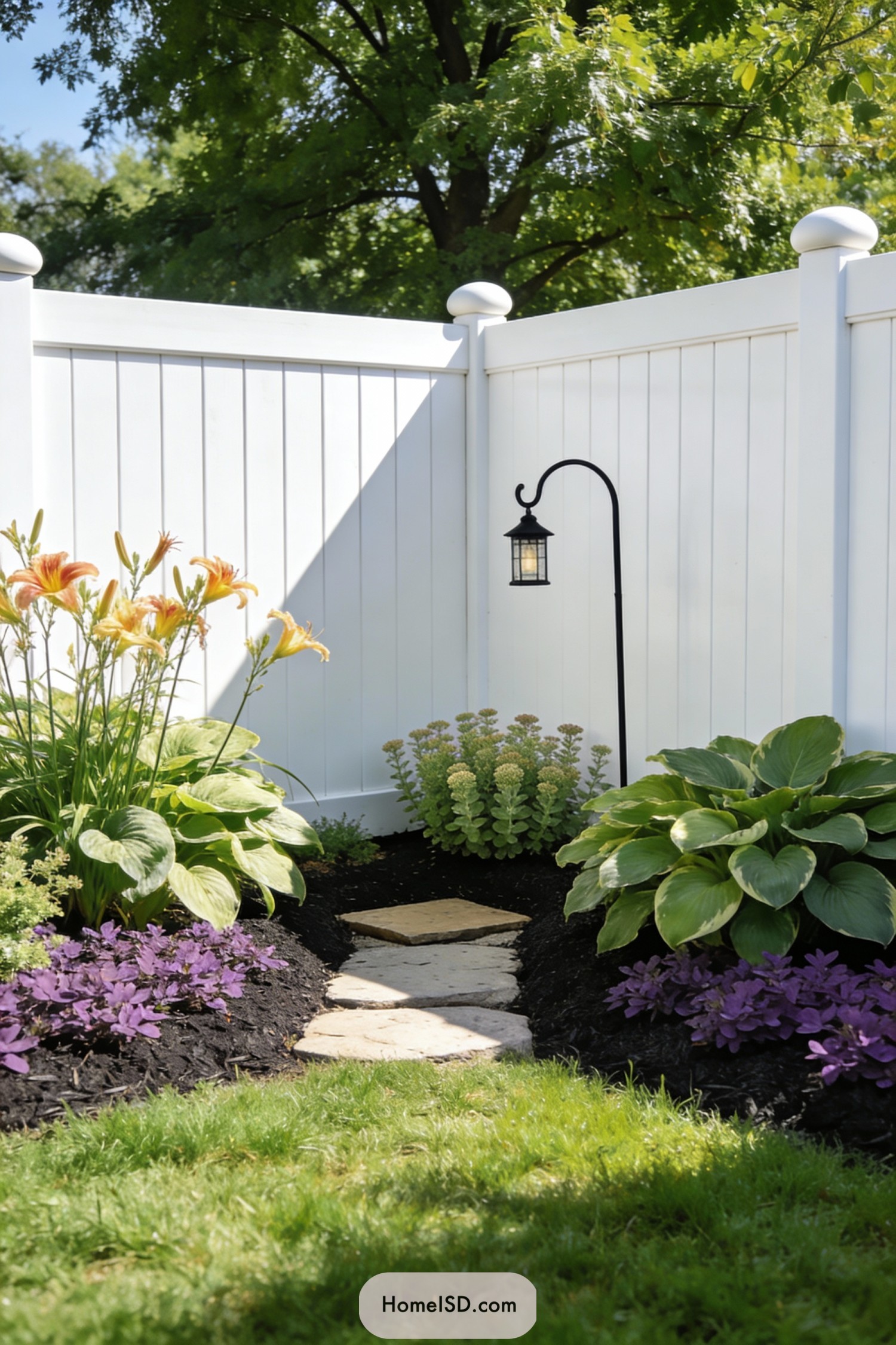 Corner flower bed with stone path and lantern beside a white fence