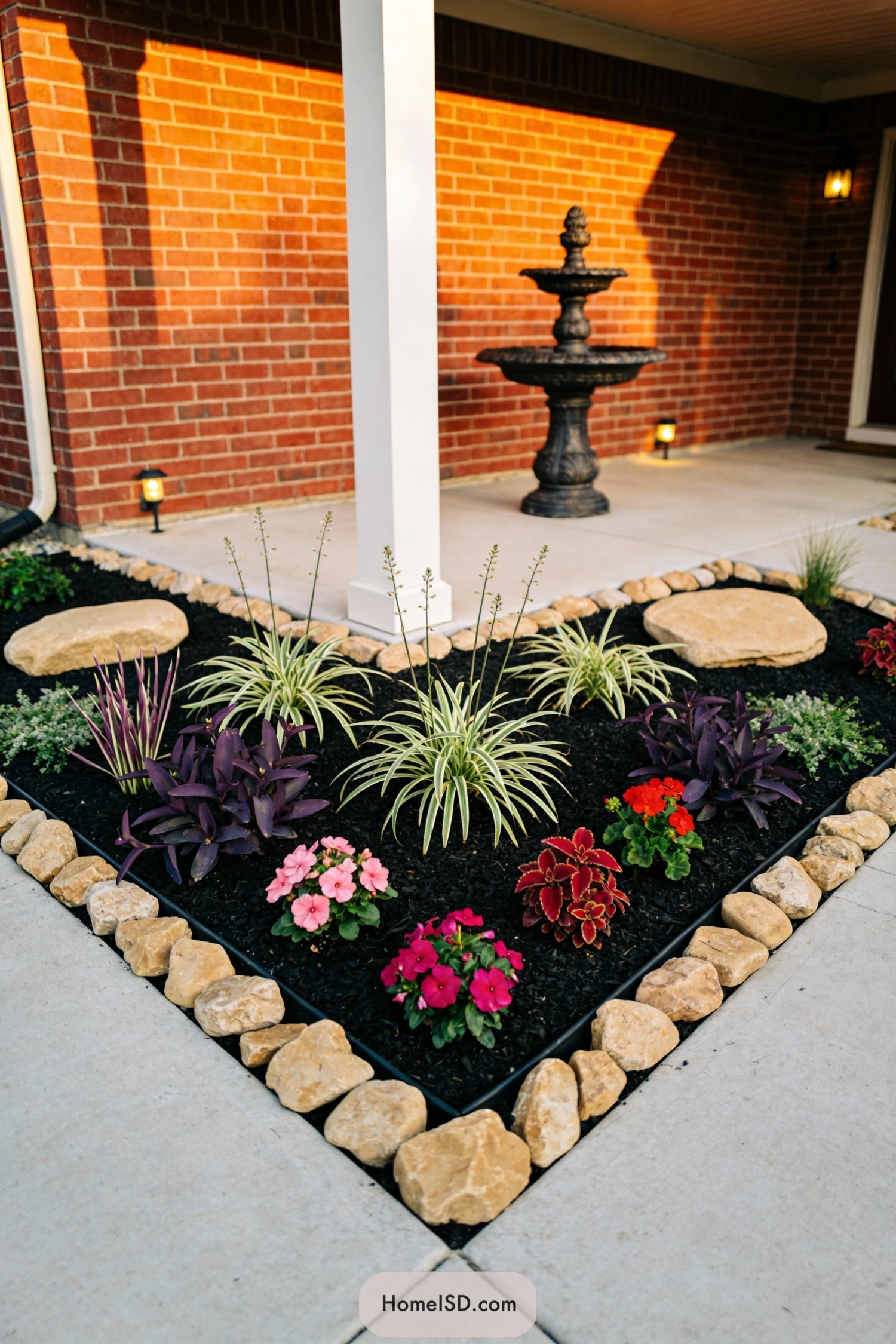 Colorful corner flower bed with rock edging and a tiered fountain on a brick porch
