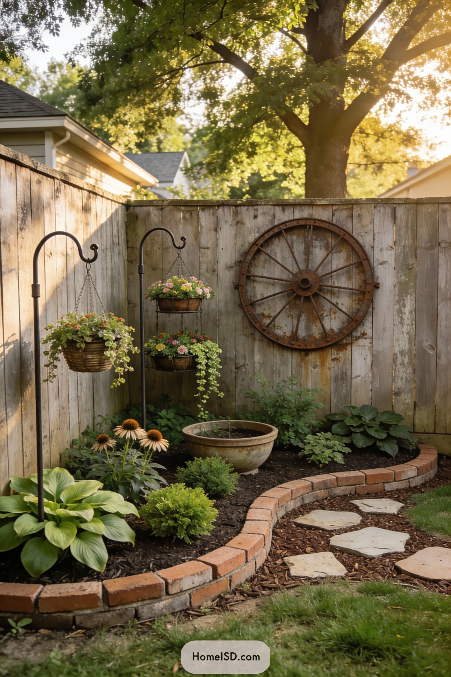 Small backyard corner garden with hanging baskets brick edging and a rustic wagon wheel on a wooden fence