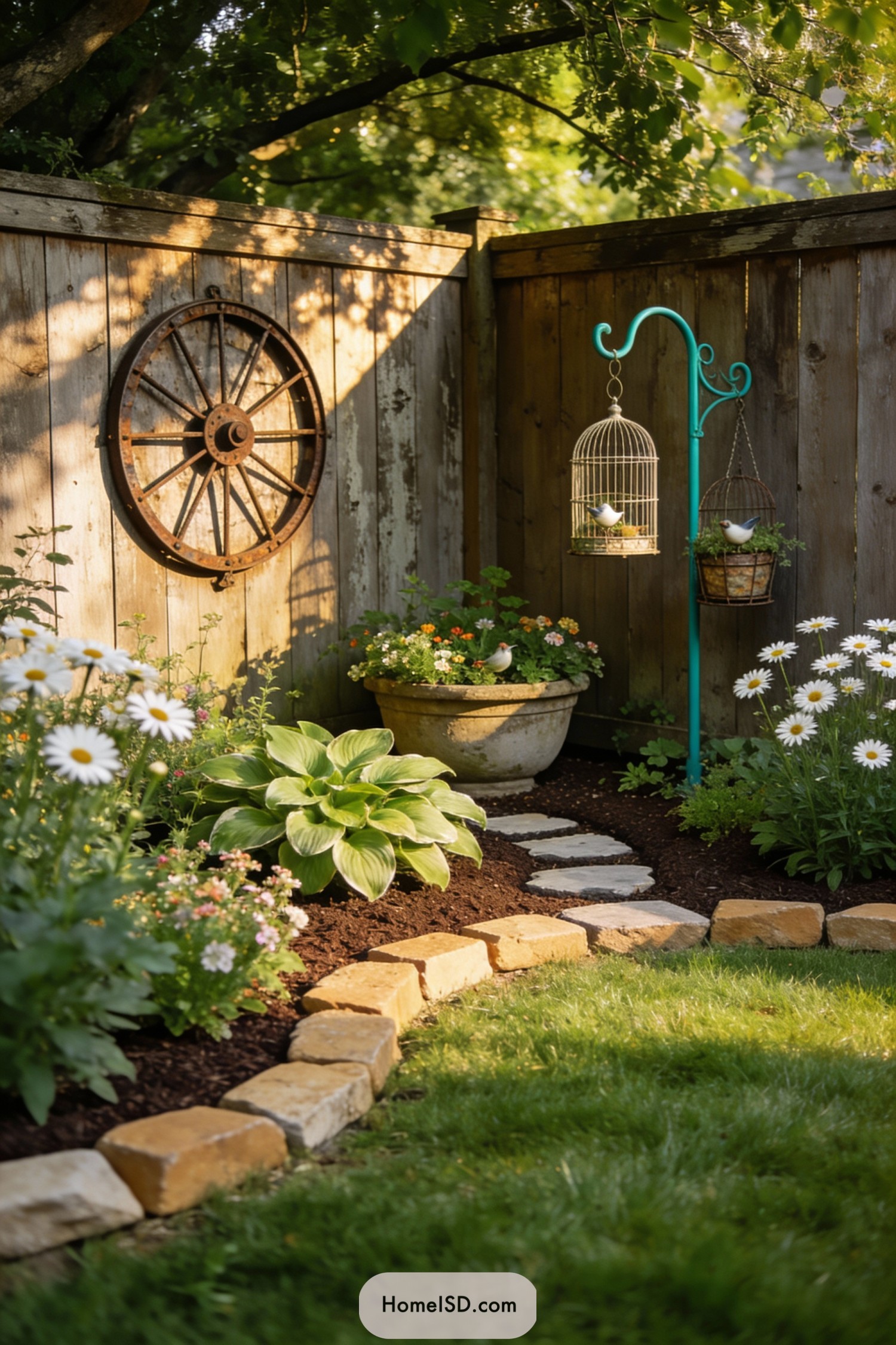 Corner garden with birdcages and stone edging