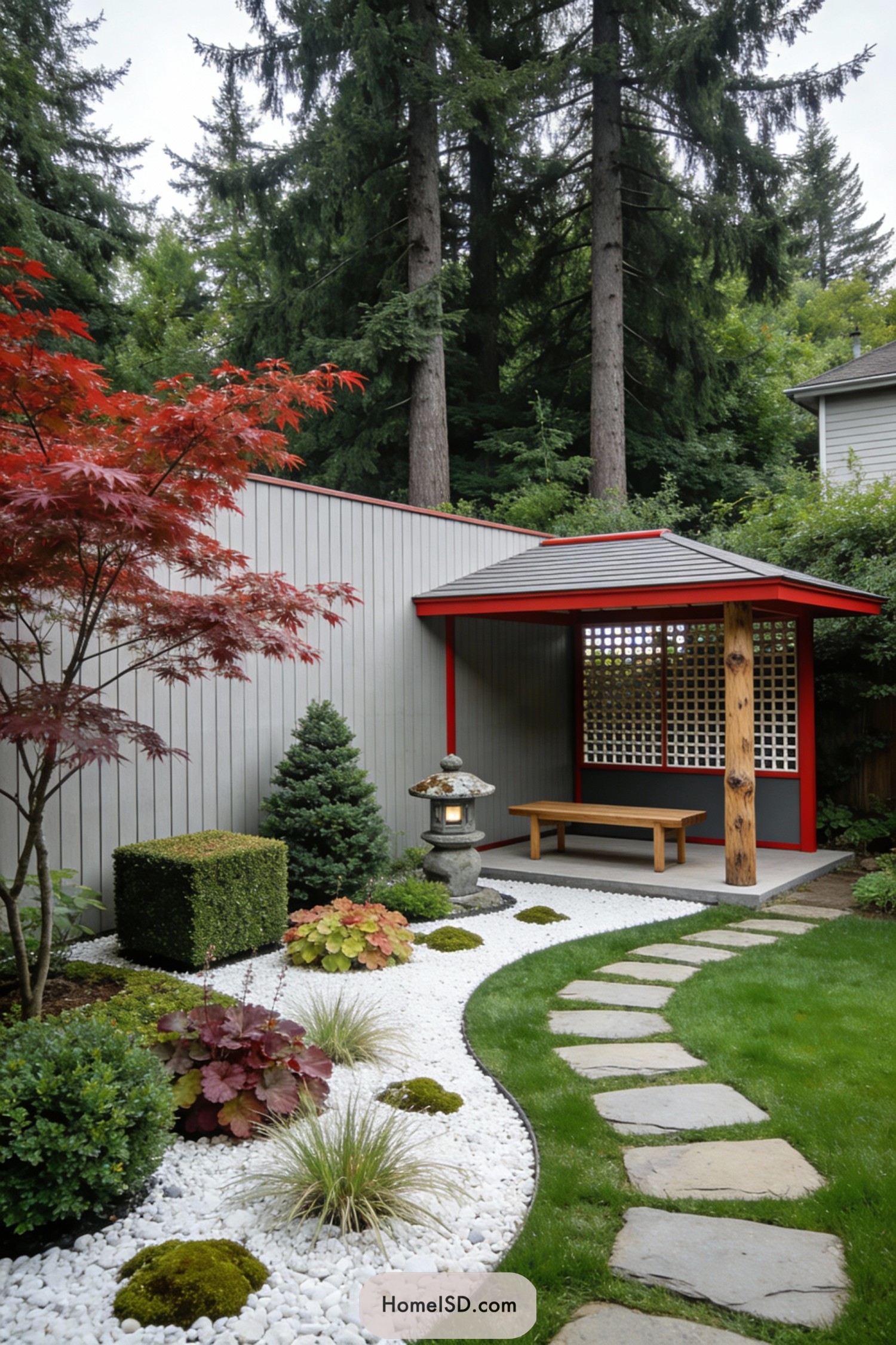 Modern zen corner garden with pavilion