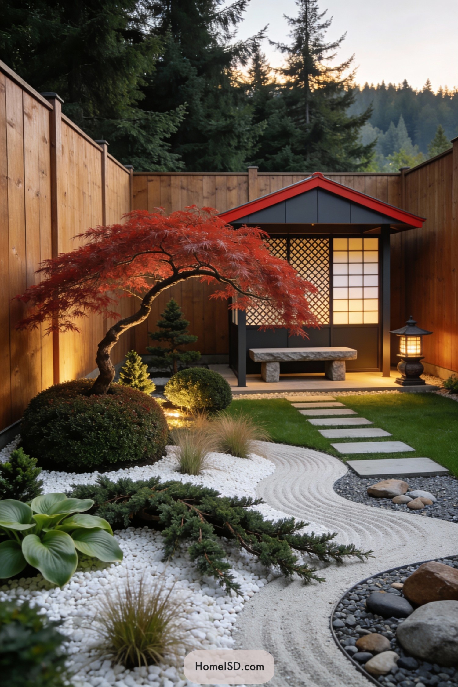 Small Japanese style corner garden with red maple tree, raked gravel, and a lit pavilion