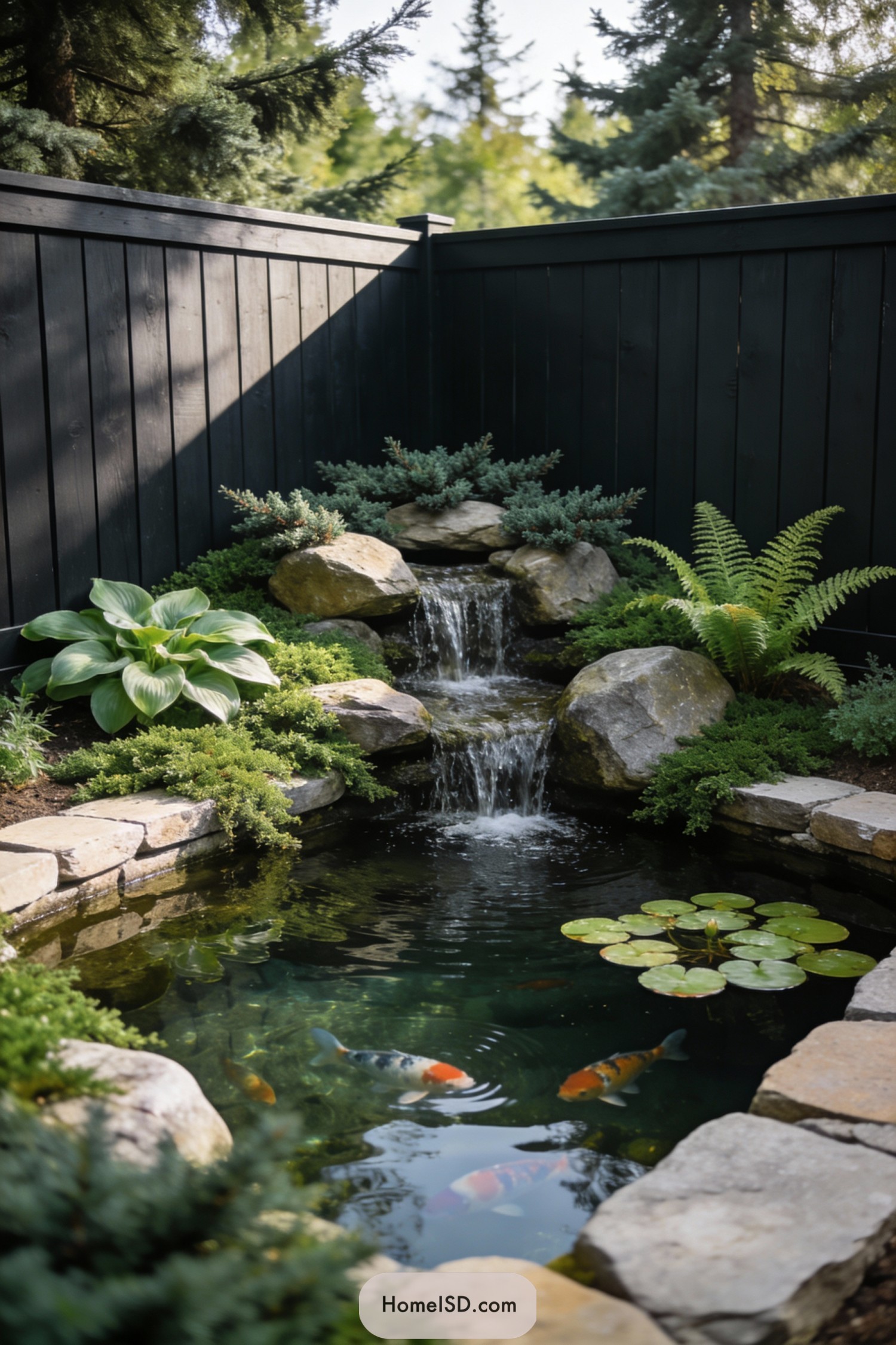 Corner backyard koi pond with rock waterfall and lush greenery