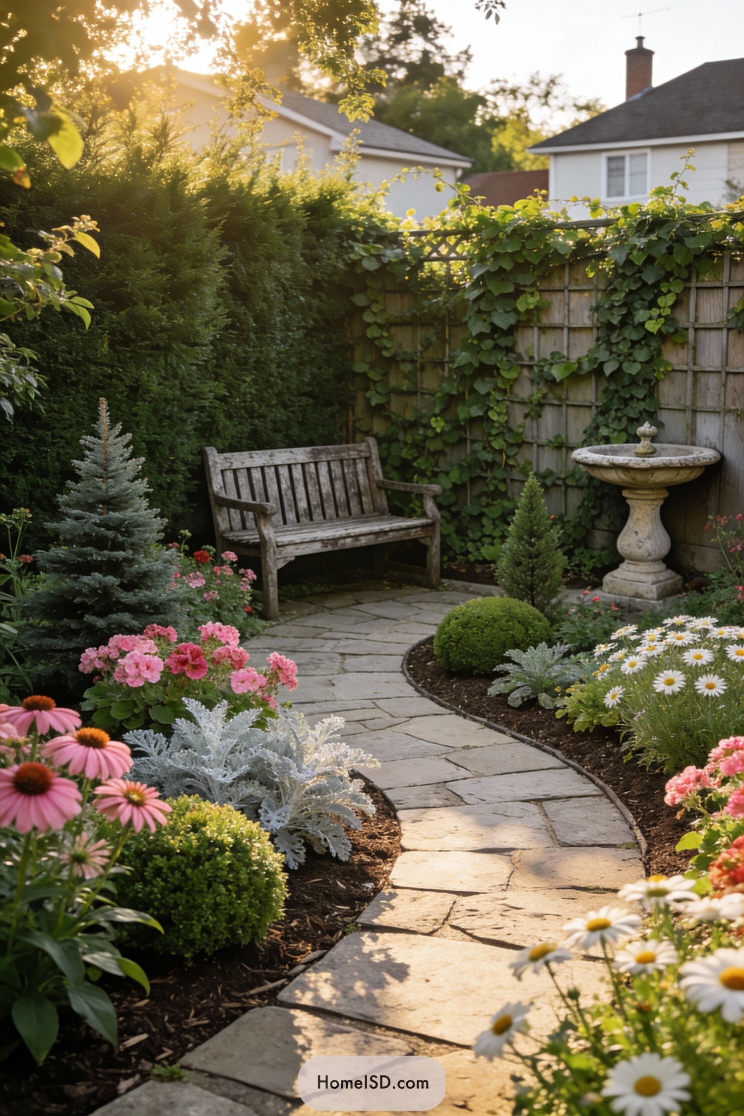 Curving stone path through flower-filled corner garden with wooden bench and birdbath