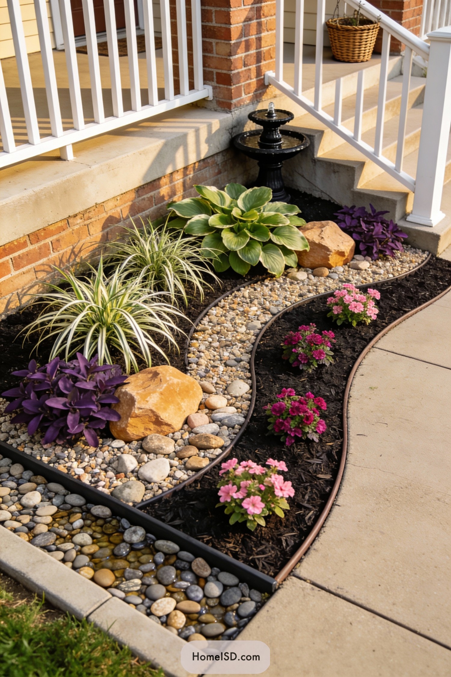 Curved corner garden bed with pebbles, bold foliage, and a small black fountain by the porch steps