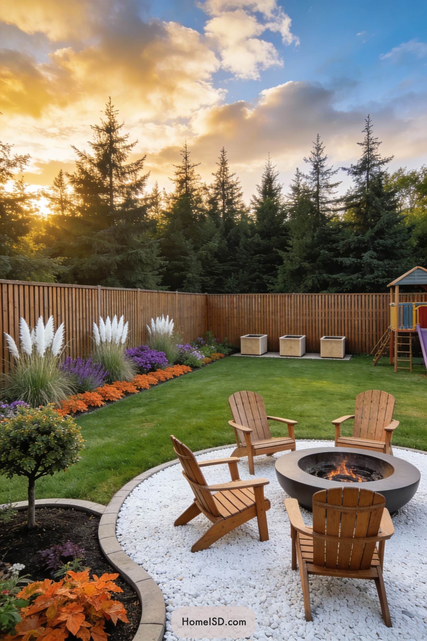 Cozy backyard corner with fire pit, Adirondack chairs, and colorful border plantings
