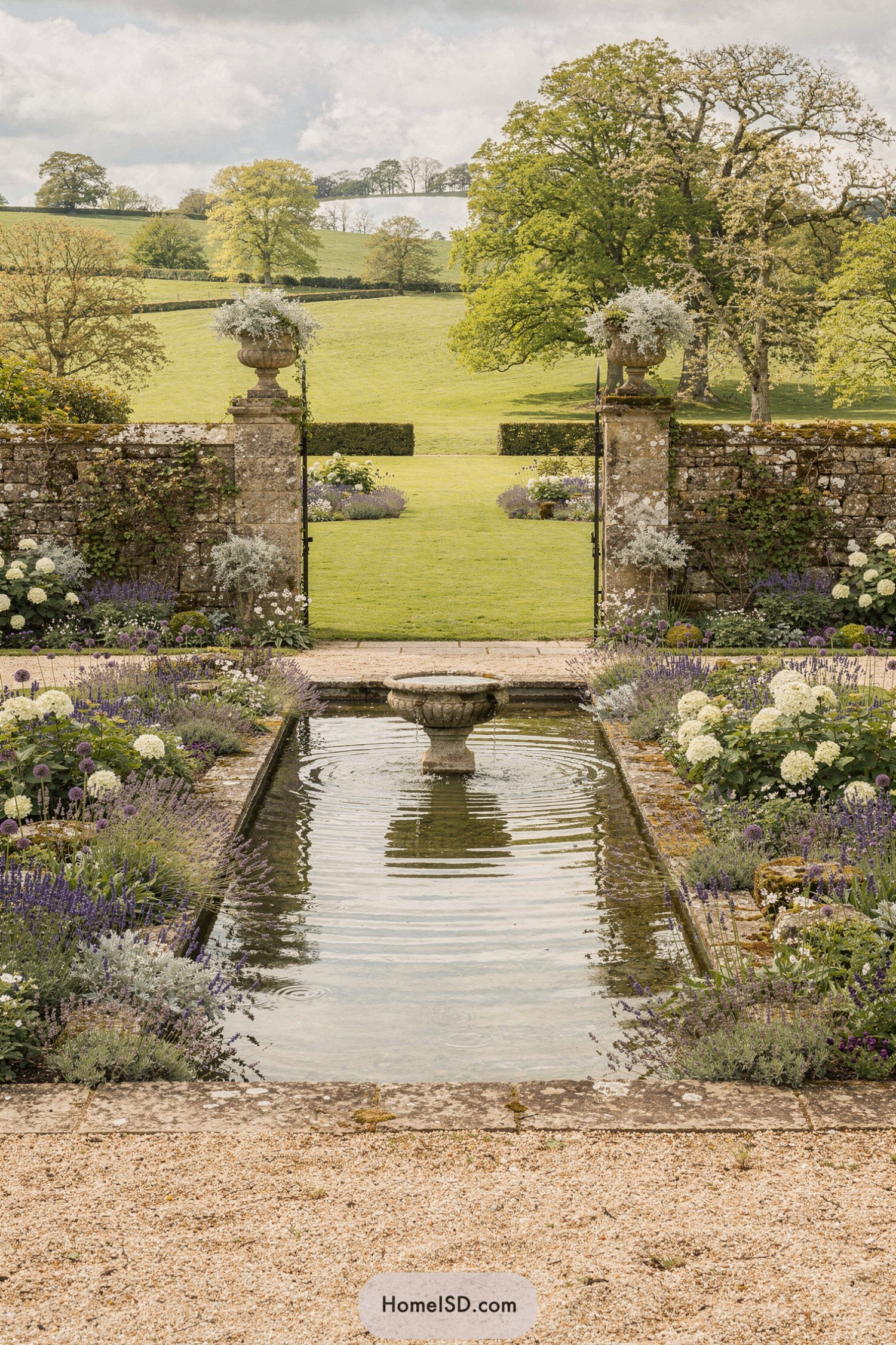 Formal reflecting pool garden opening to rolling meadows