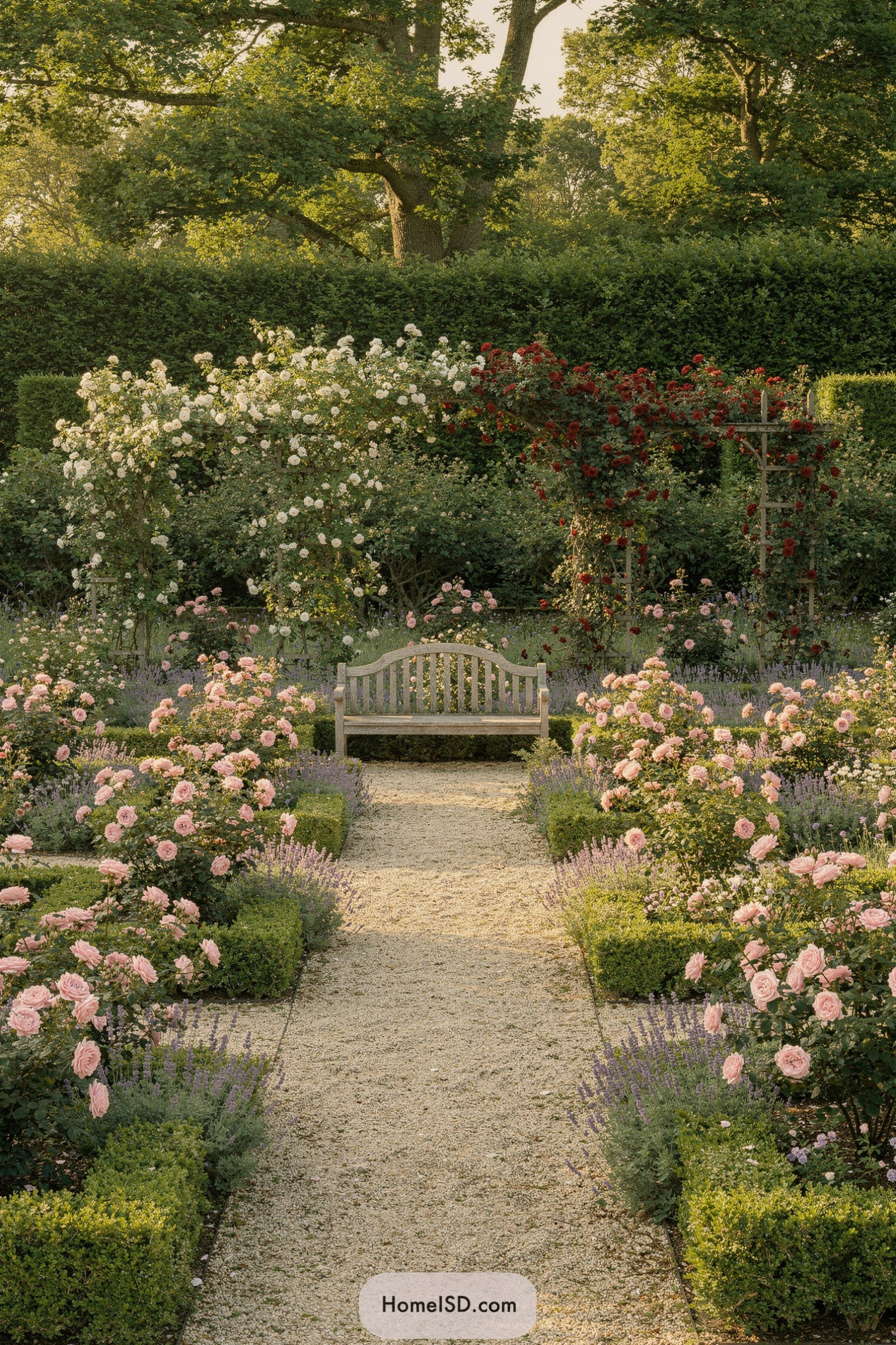 Gravel path leading to wooden bench in formal rose garden