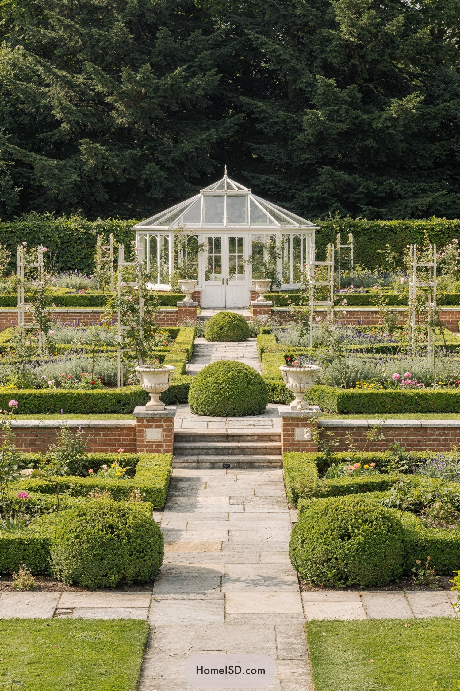 Formal parterre garden leading to white glass conservatory