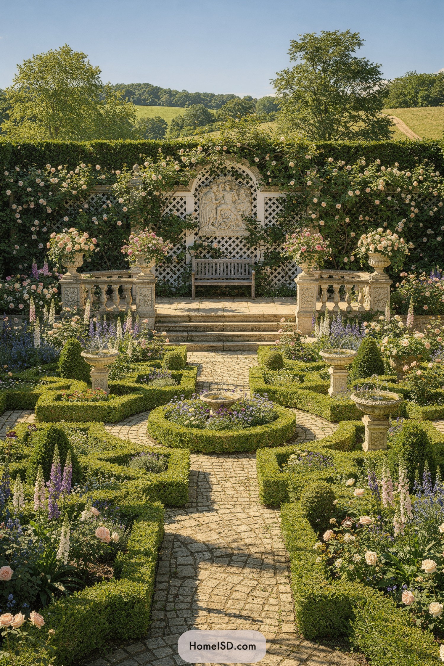 Formal English parterre garden with stone fountains