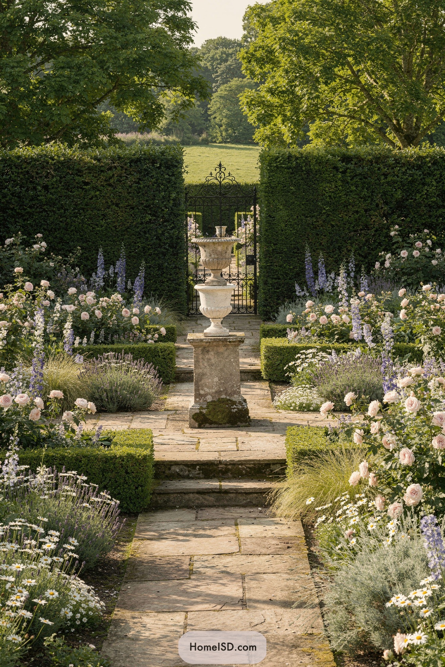 Stone path garden with box hedges flowers and urn