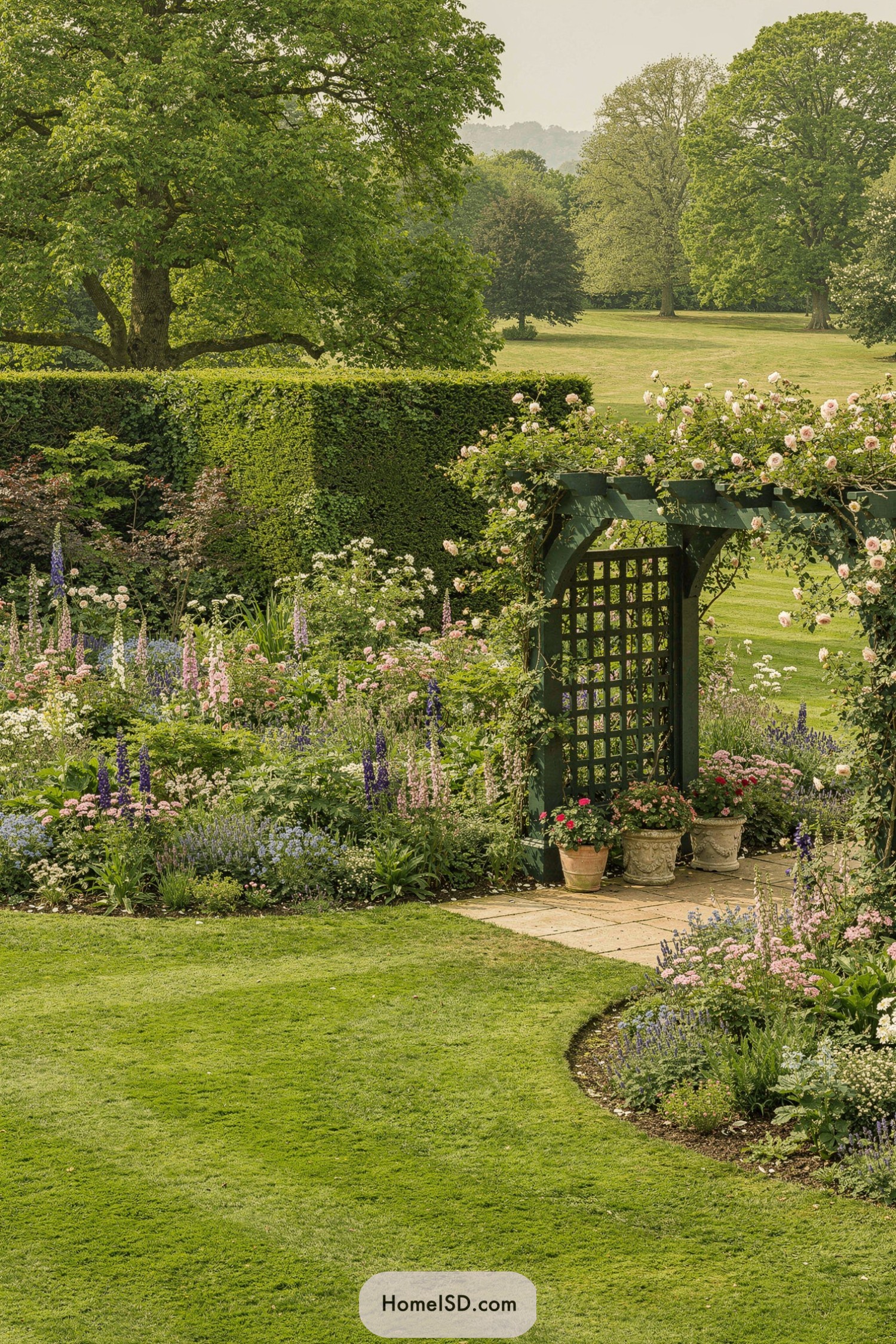 Lush English garden with rose-covered arbor and flower-filled borders beside a manicured lawn