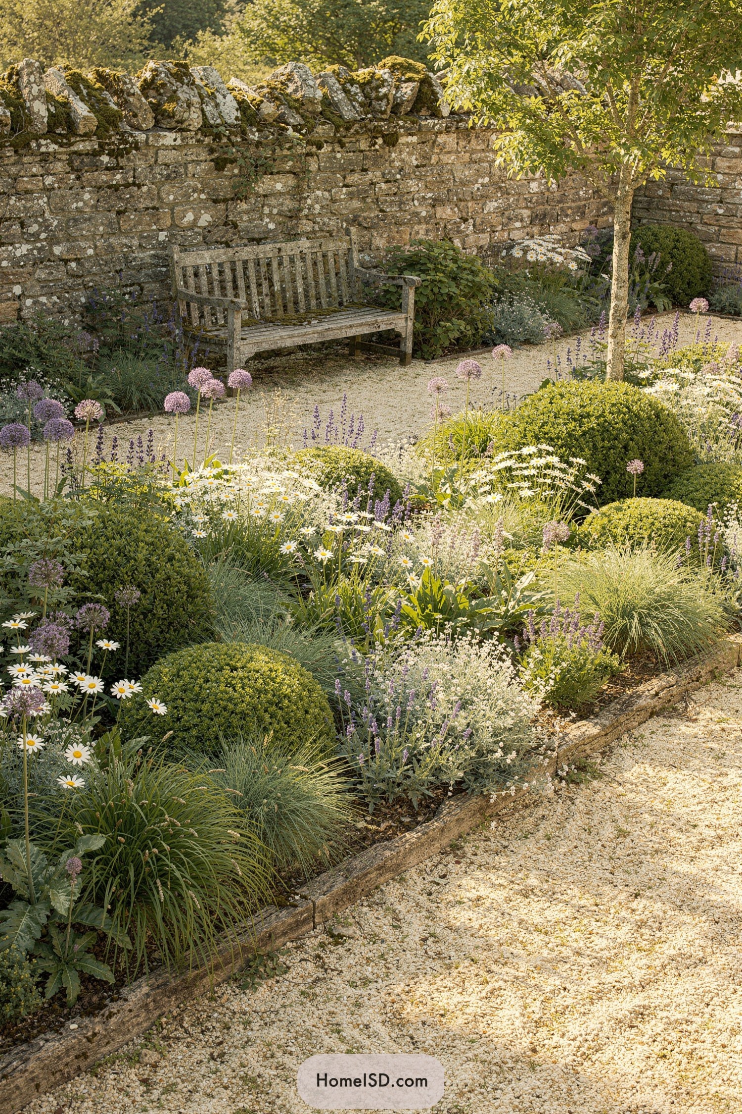 Rustic stone walled garden with gravel path, wooden bench, and soft flowering borders