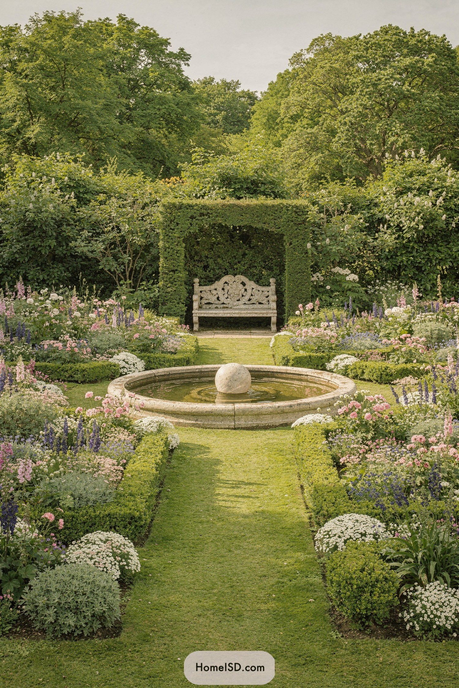 Formal English garden with round fountain and hedge-framed bench