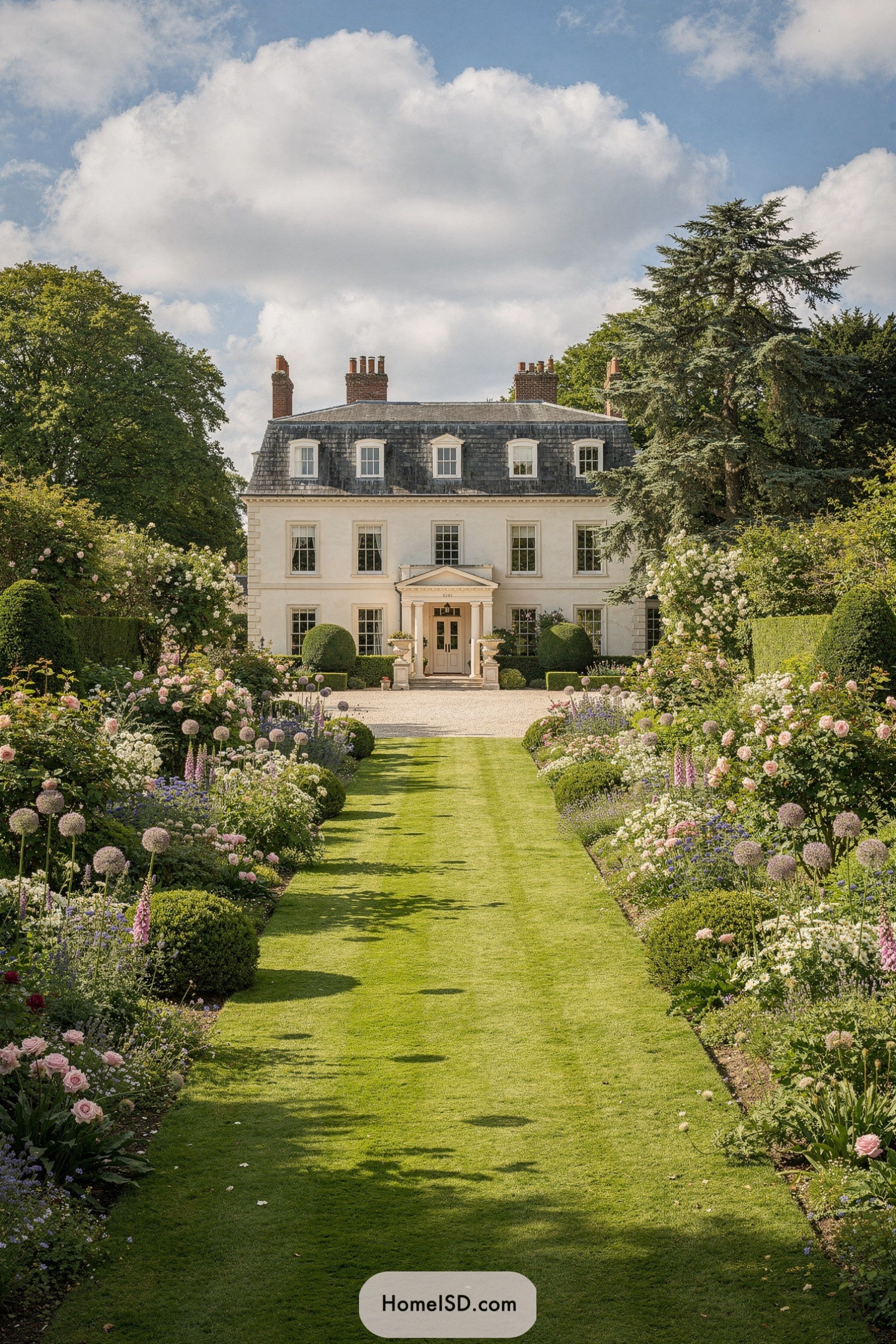 Formal manor garden with central grass walkway