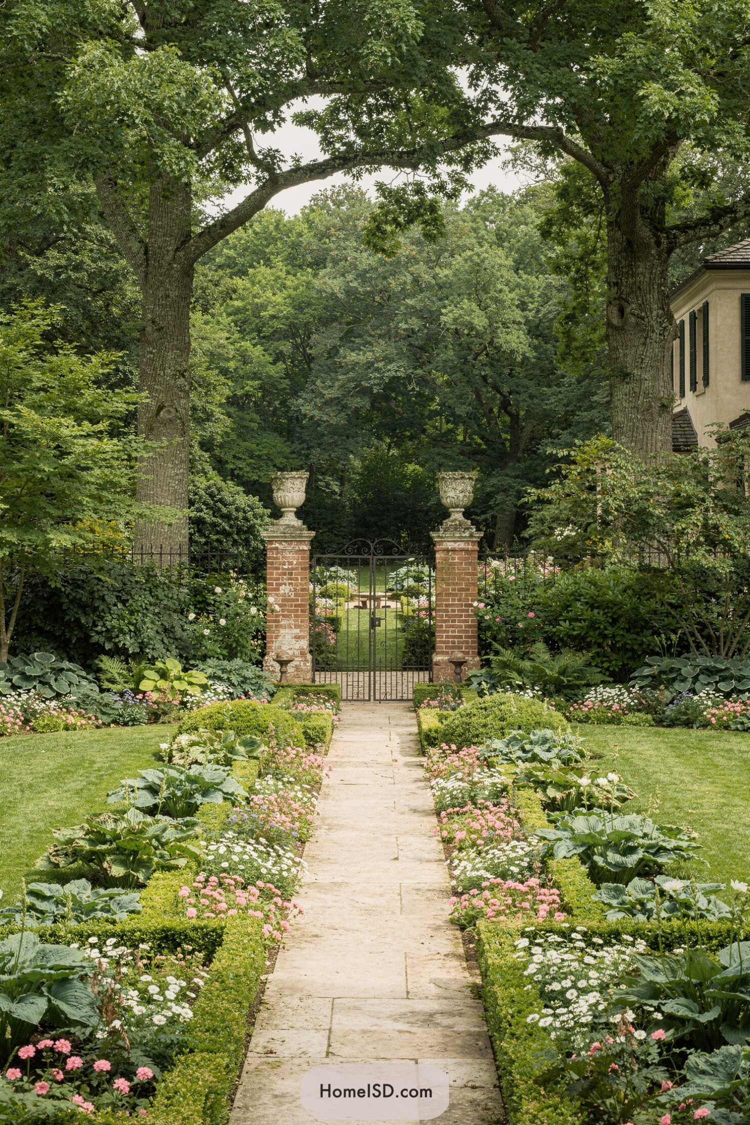 Stone path through formal garden to iron gate