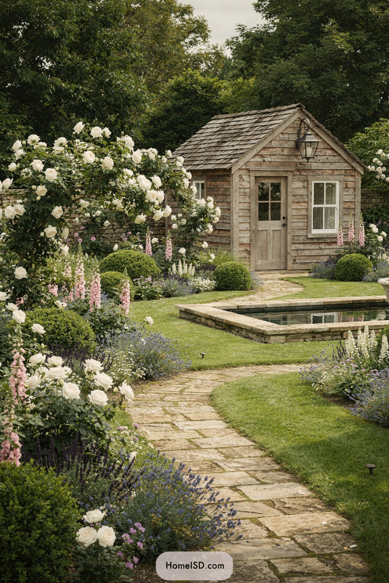 Weathered wooden shed framed by roses, stone path, and reflecting pool