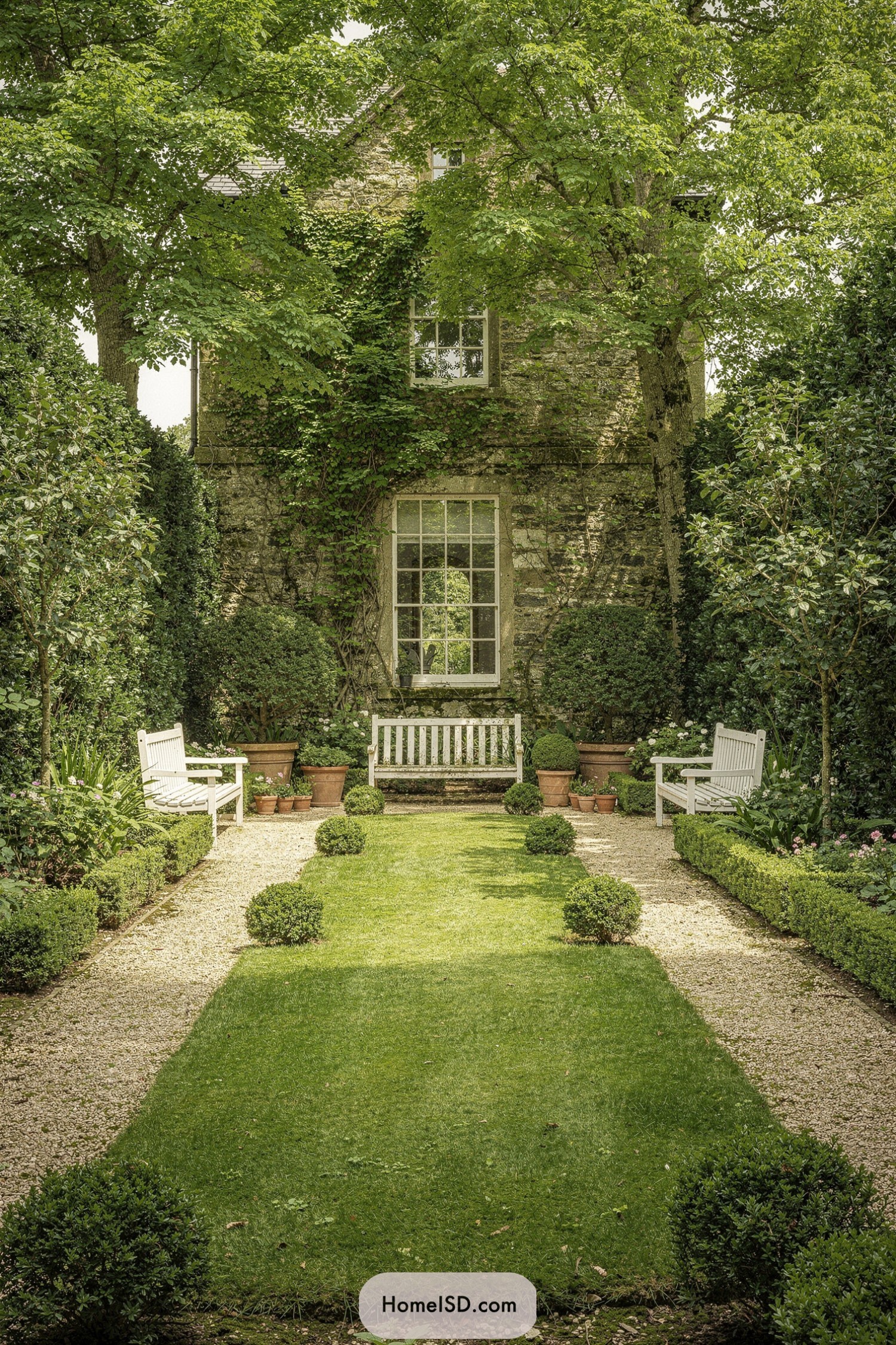 Formal cottage garden with central lawn, gravel paths, and white benches against an ivy-clad stone house