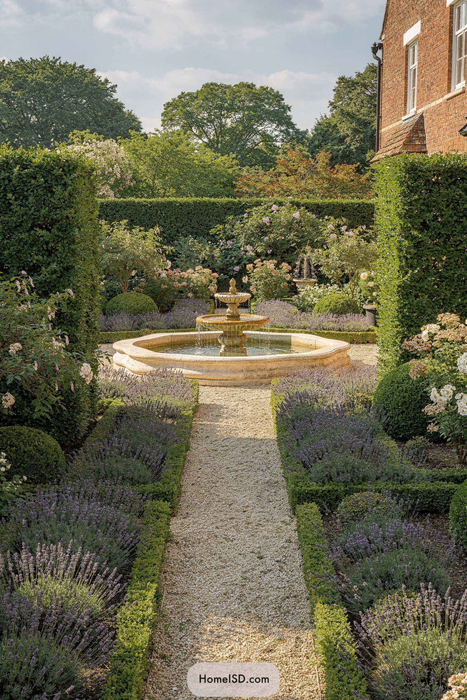 Formal gravel path leading to a round tiered fountain framed by lavender and boxwood hedges beside a brick manor