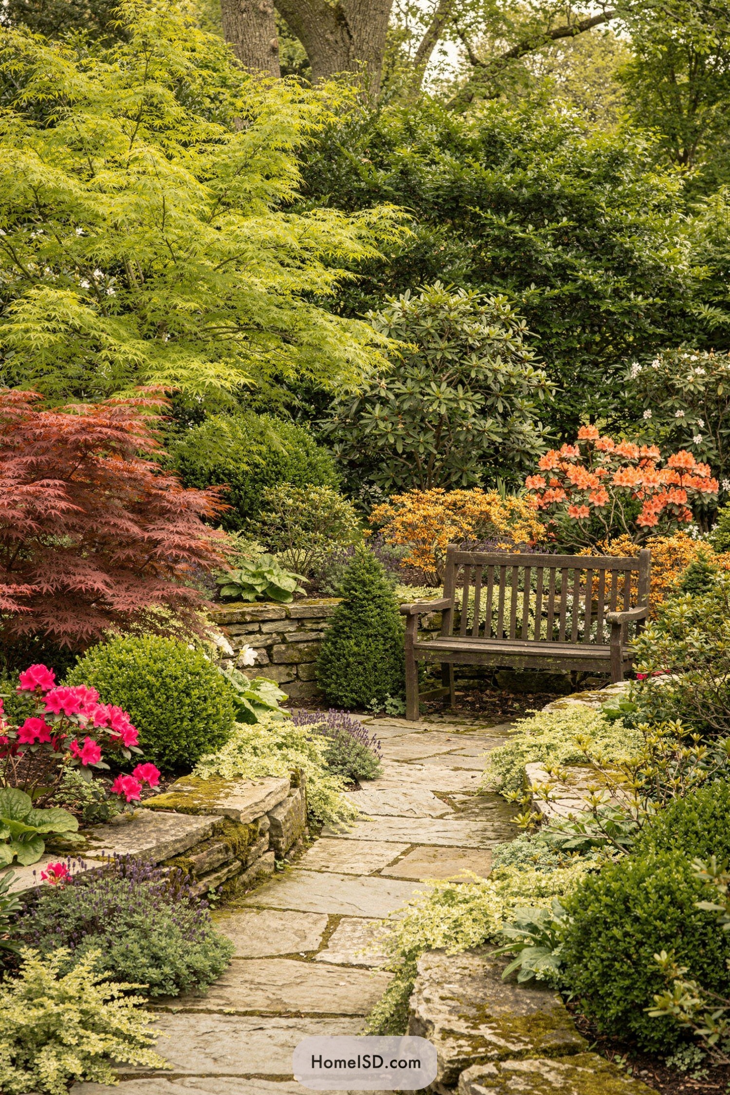 Wooden bench tucked beside a stone path in a lush, colorful garden