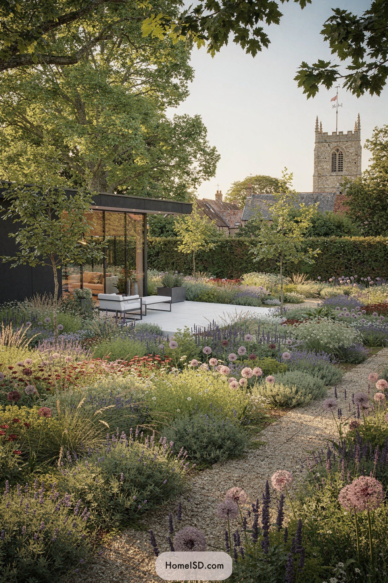 Modern garden pavilion amid lush perennials