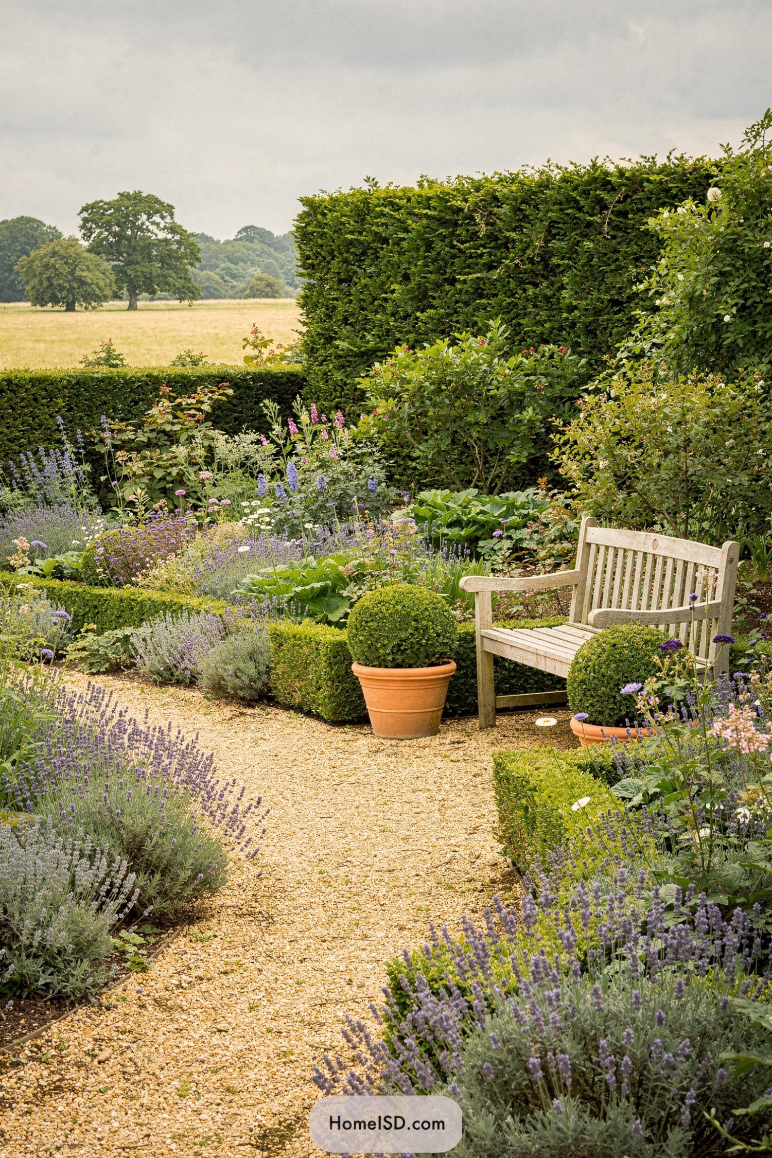 Wooden bench by gravel path in lush, hedge-enclosed cottage garden