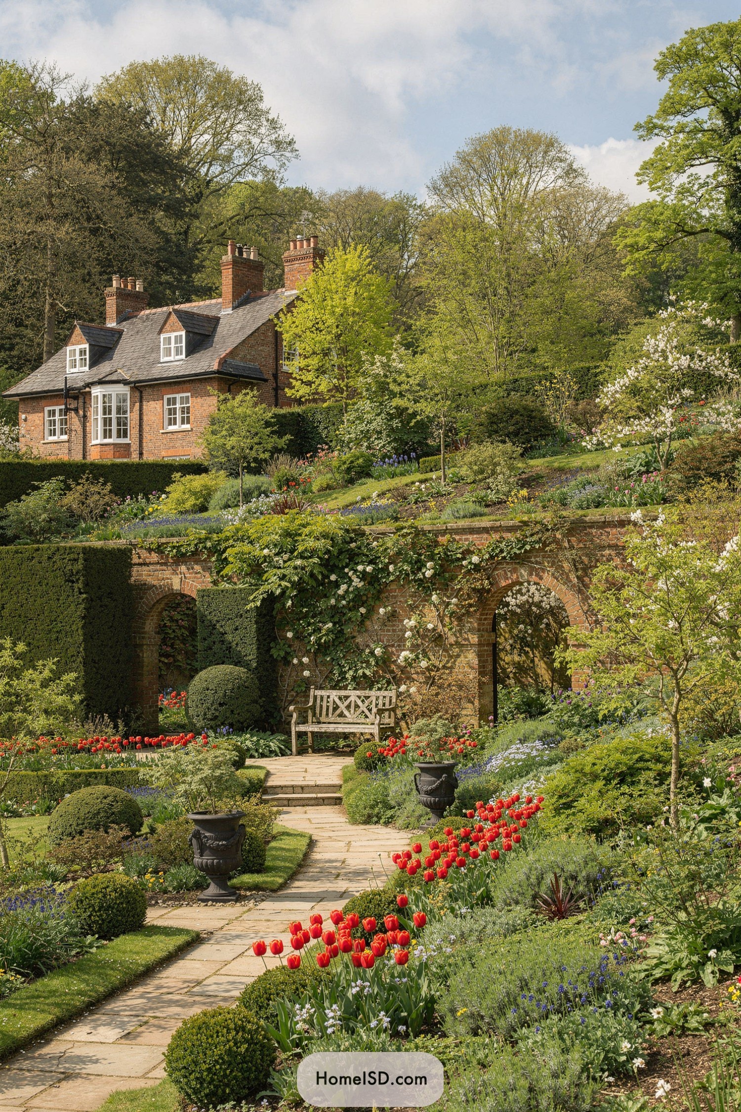 Terraced English garden with tulip path and brick cottage