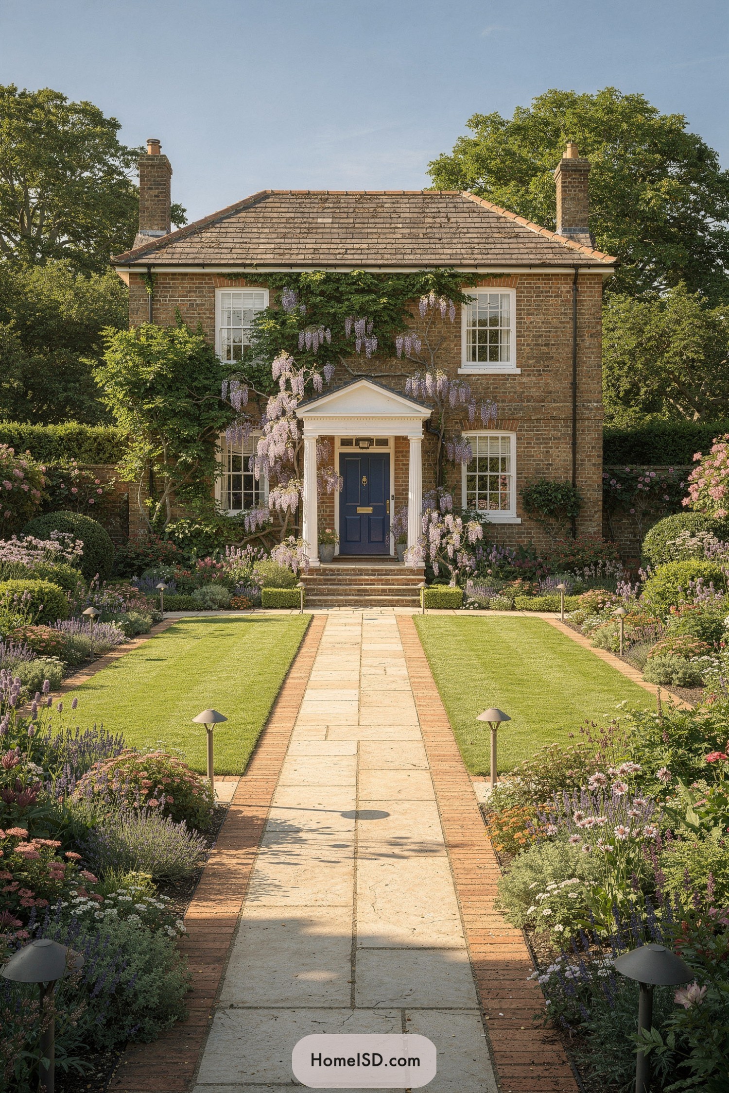 Formal front garden with wisteria-clad house