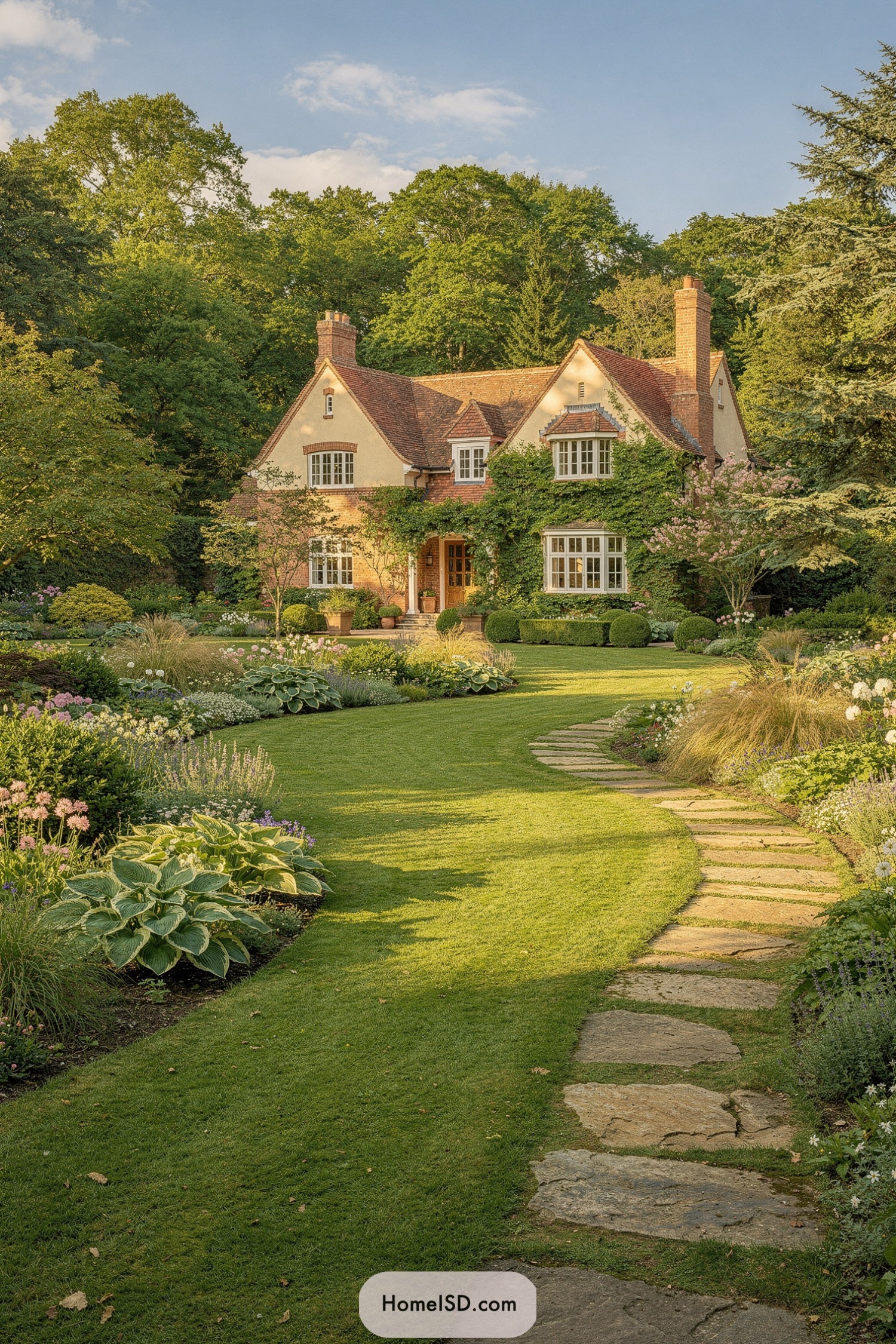 English cottage with curving lawn path and lush flower borders