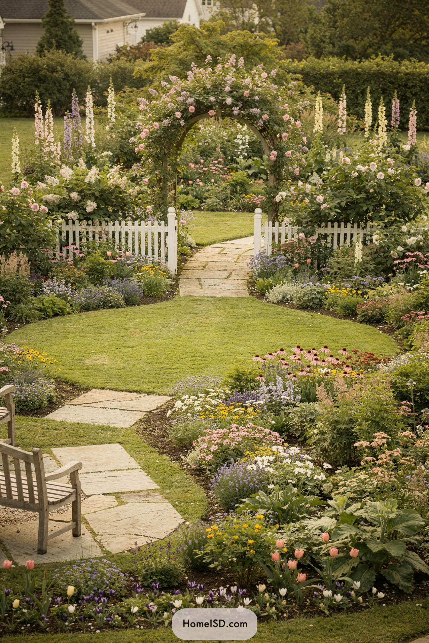 Flower packed cottage garden with rose arch and white picket fence
