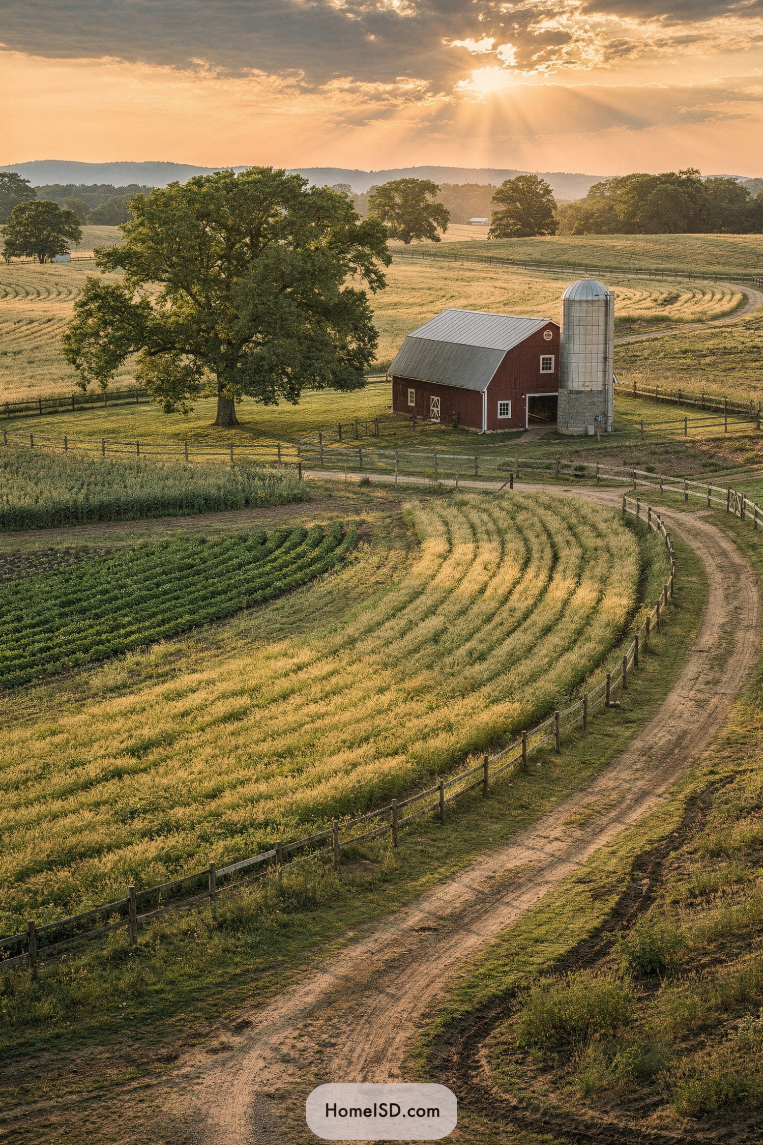 Sunlit red barn with silo amid curving crop fields and a winding farm road